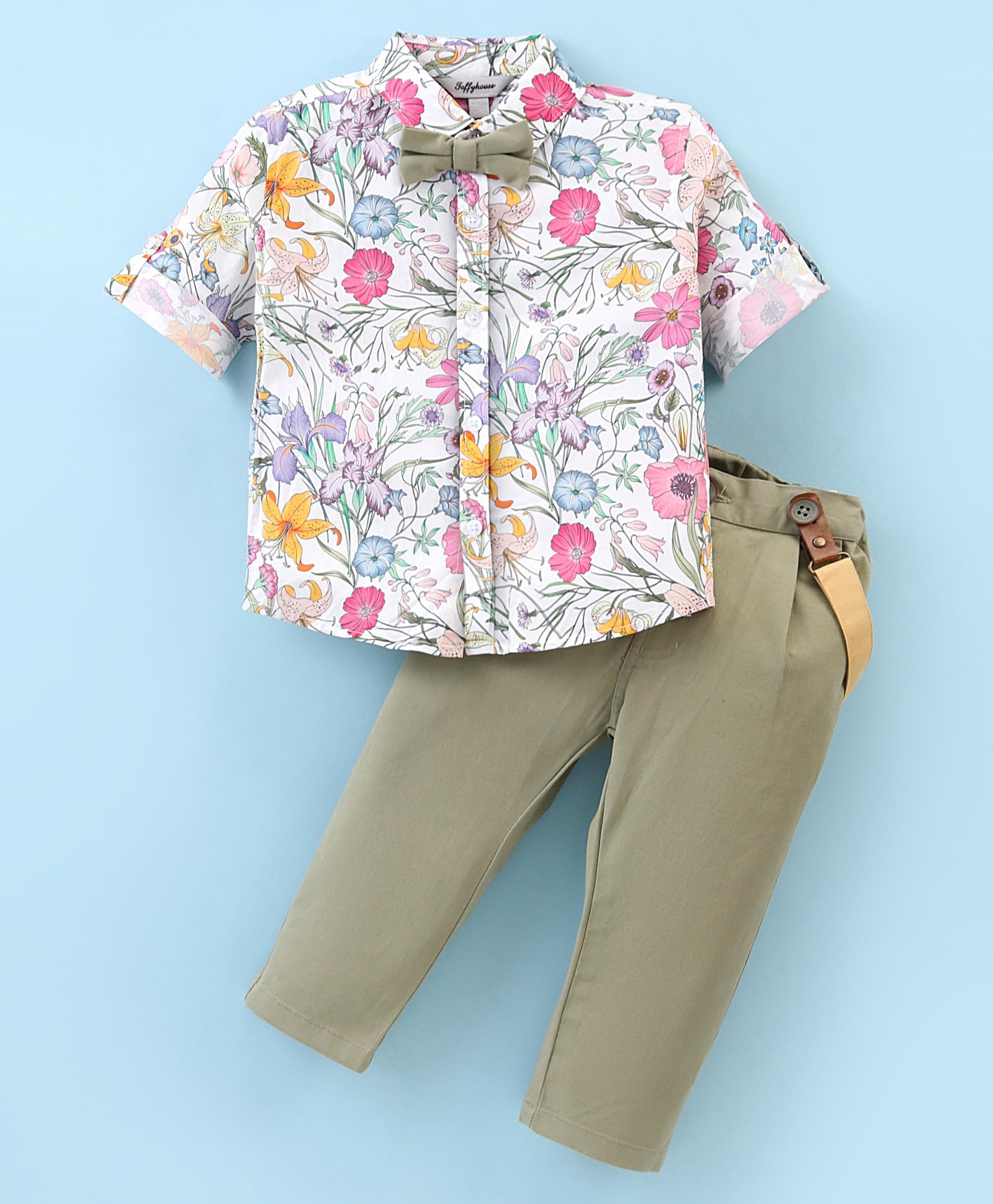 ToffyHouse 100% Cotton Woven Floral Printed Shirt with Trouser Set with Bow & Suspender - White & Olive Green-image-34