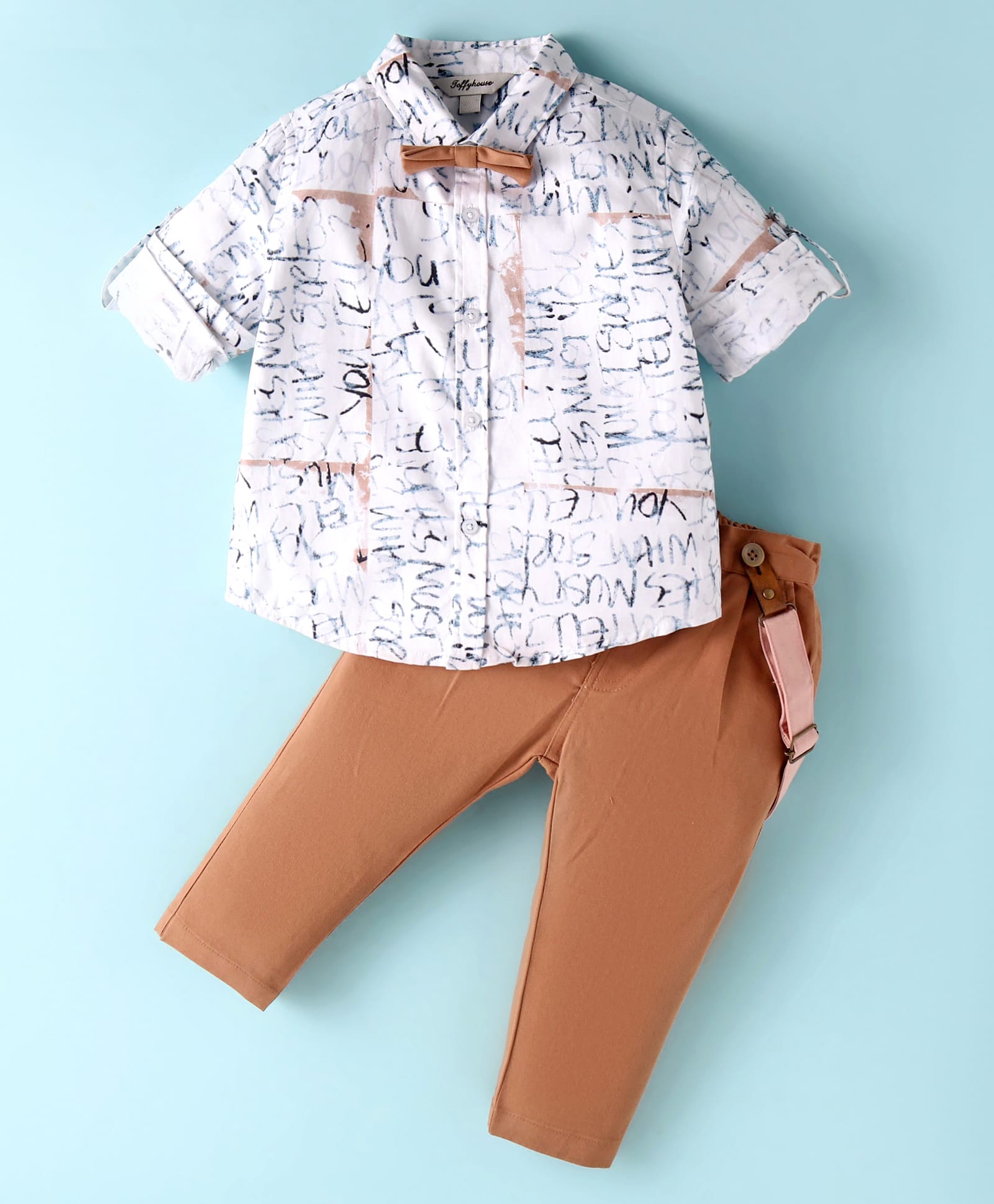 ToffyHouse 100% Cotton Knit Full Sleeves Text Printed Shirt Trouser with Bow & Suspender - Tan-picture-2