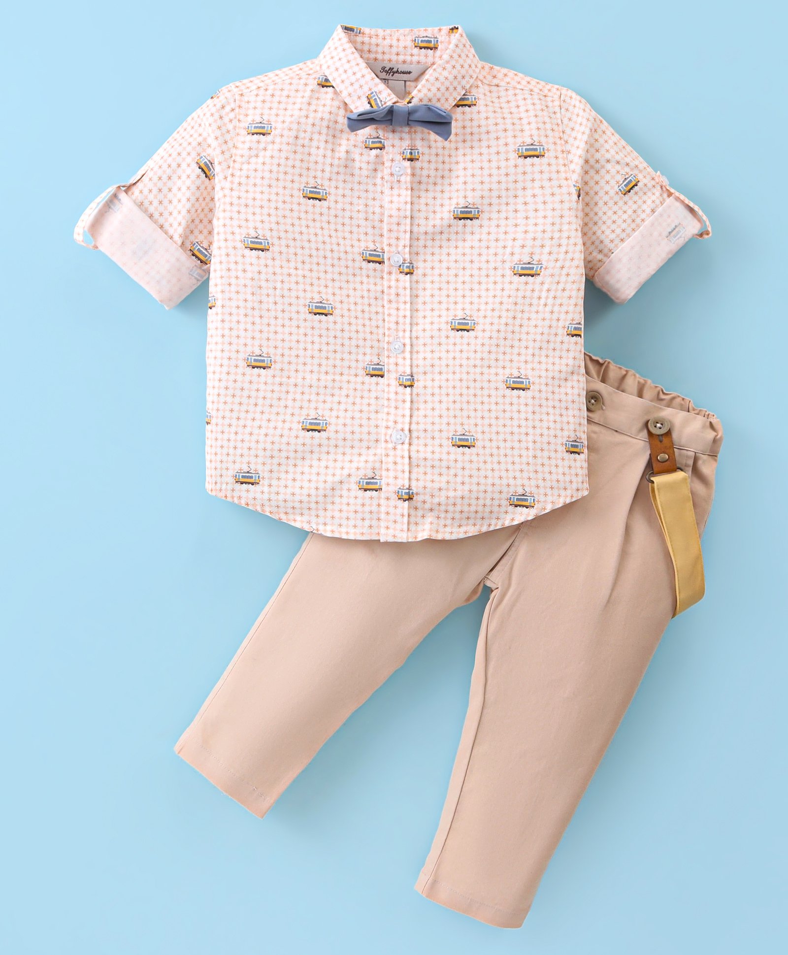 ToffyHouse 100% Cotton Woven Full Sleeves Cable Cart Printed Shirt & Trouser Set with Bow & Suspender - Tan-image-34