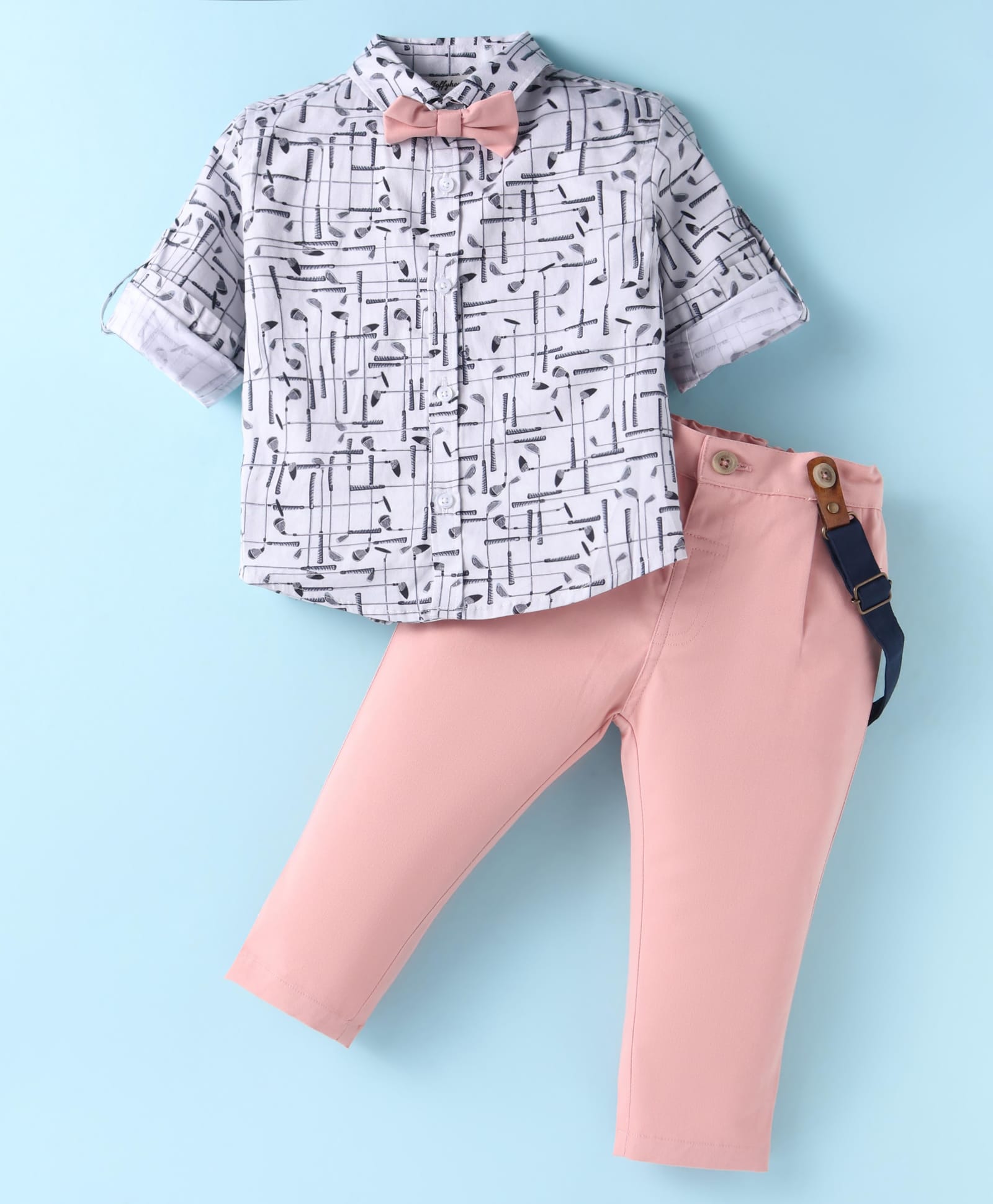 ToffyHouse 100% Cotton Woven Full Sleeves Golf Printed Shirt & Trouser Set with Bow & Suspender - Pink-picture-14