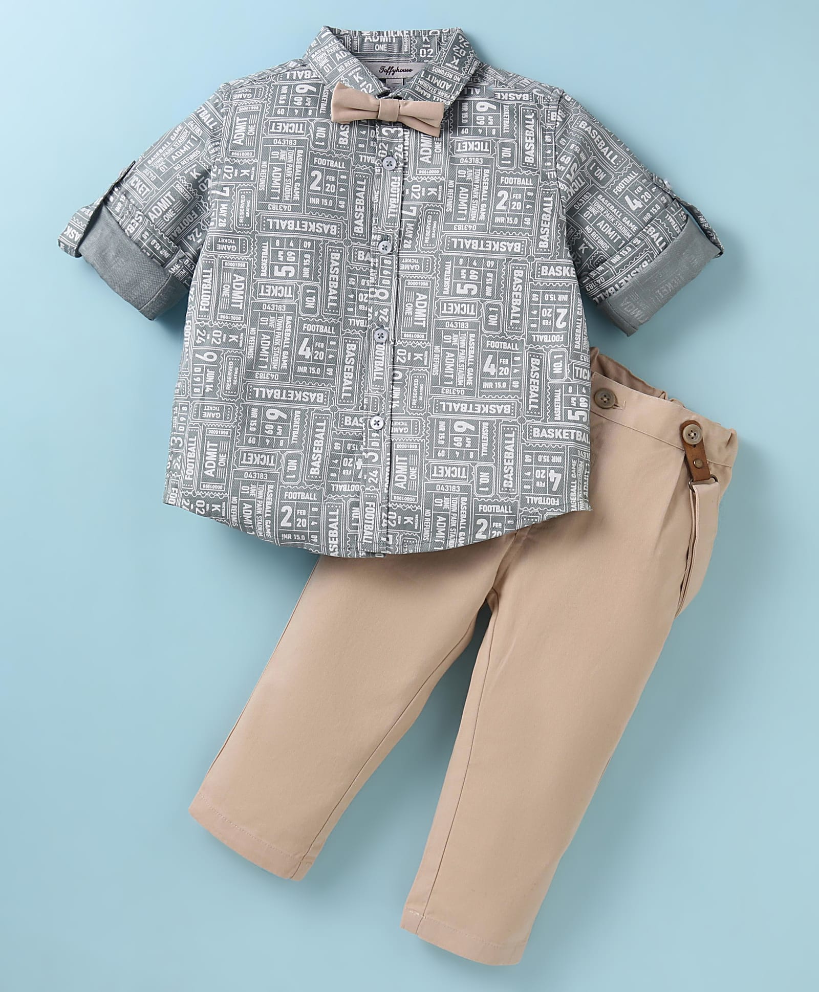ToffyHouse Poplin Woven Full Sleeves Text Printed Party Shirt & Trouser With Bow & Suspender - Tan-picture-17