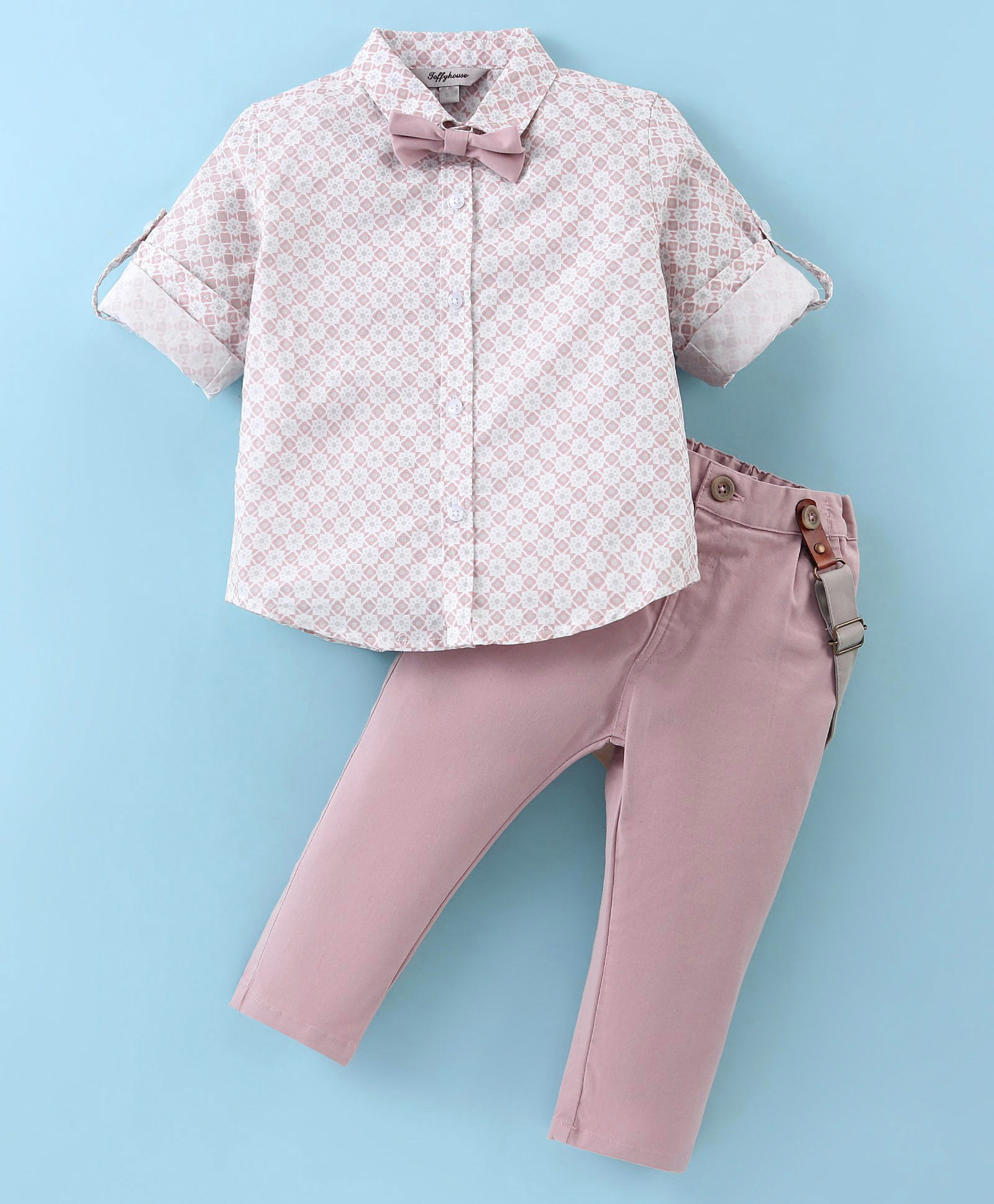ToffyHouse Poplin Woven Full Sleeves Floral Printed Shirt & Trouser Set With Suspender & Bow - Rose Gold-picture-46