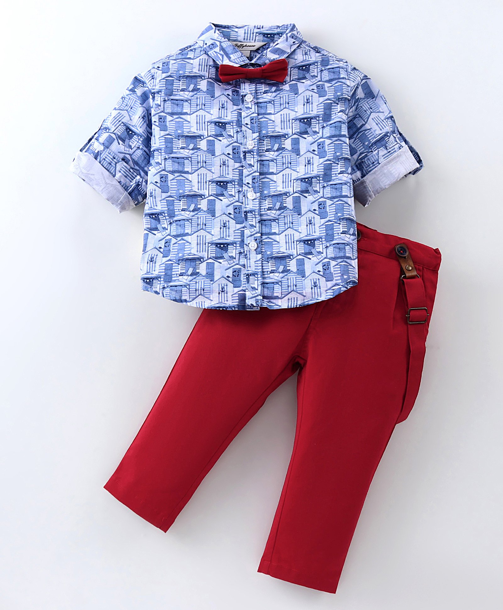ToffyHouse 100% Cotton Woven Full Sleeves House Printed Shirt & Trouser Set with Bow & Suspender - Maroon & Blue-image-37