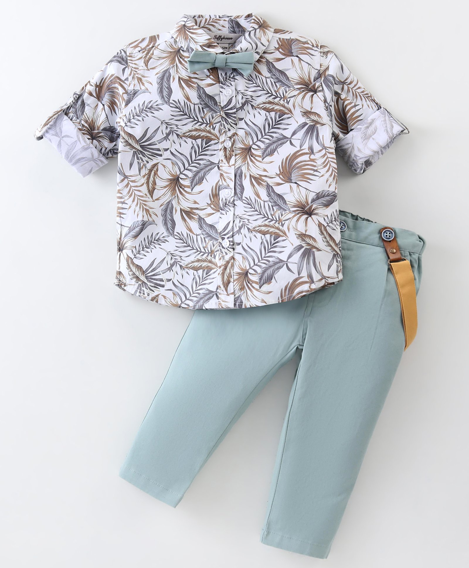 ToffyHouse 100% Cotton Woven Full Sleeves Leaves Printed Shirt & Trouser Set with Bow & Suspender - Teal Blue-image-10