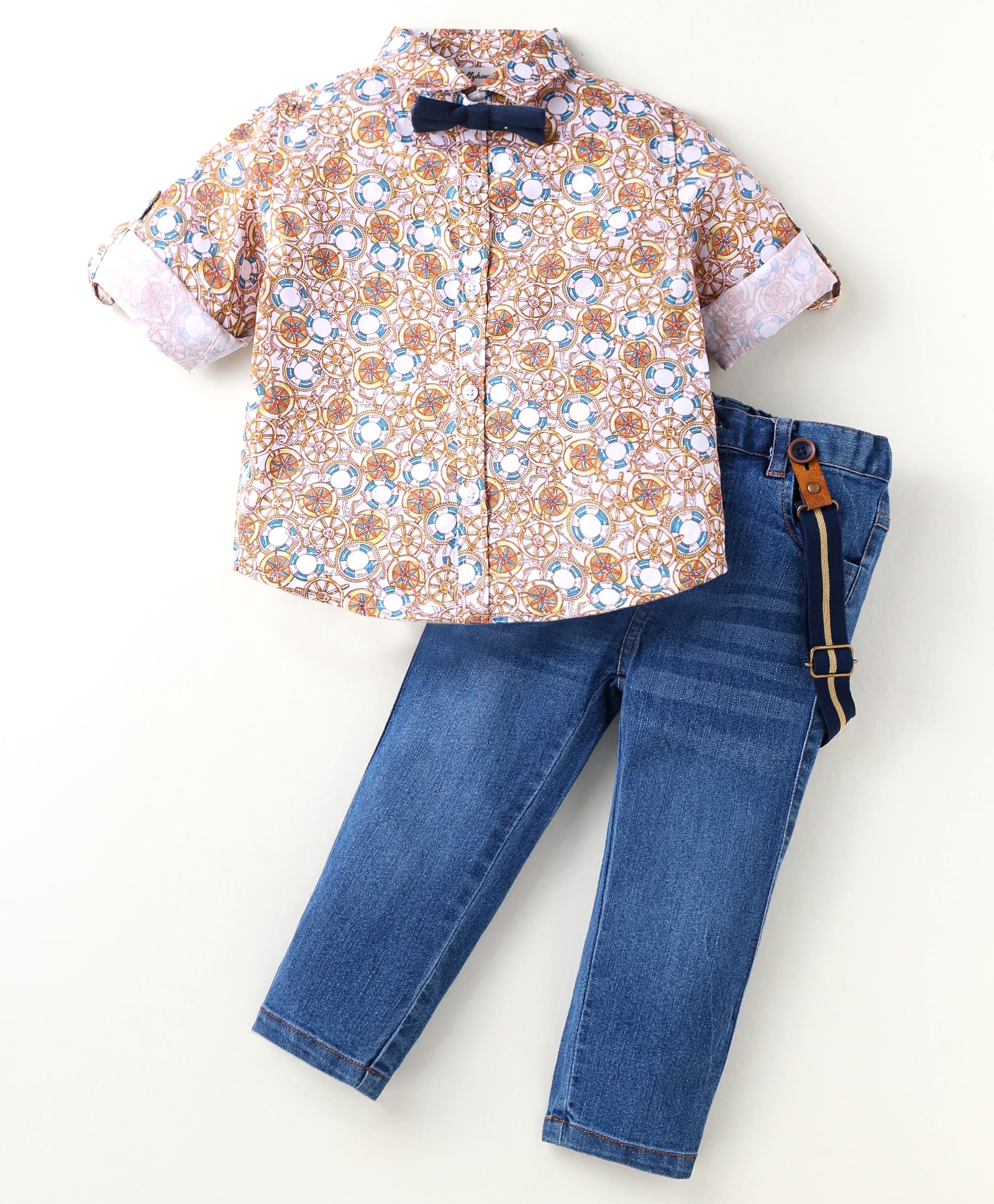 ToffyHouse 100% Cotton Woven Full Sleeves Digital Printed Shirt & Jeans Set with Bow & Suspender - Blue & White-image-10