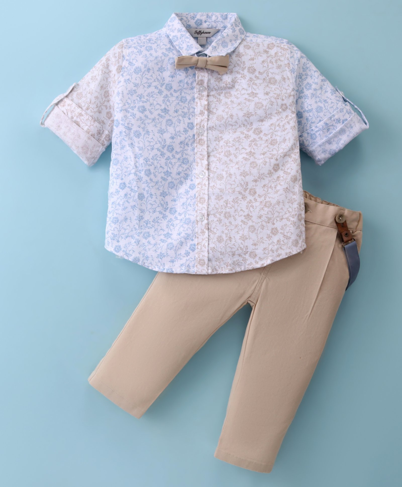 ToffyHouse 100% Cotton Woven Floral Printed Shirt & Trouser Set with Bow & Suspender - Tan-image-33