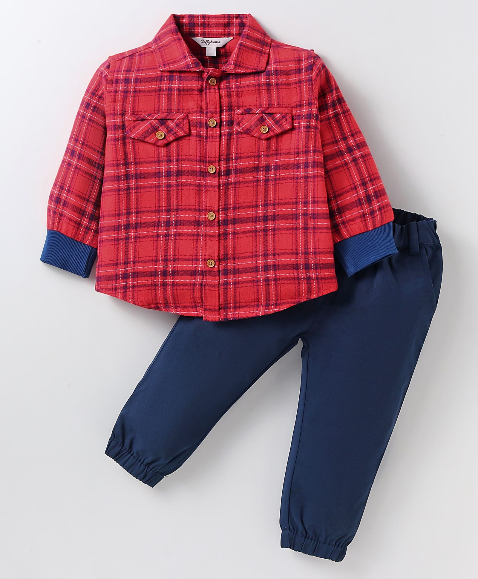 ToffyHouse Poplin Woven Full Sleeves Checkered Shirt & Trouser Set - Red & Navy Blue-image-33