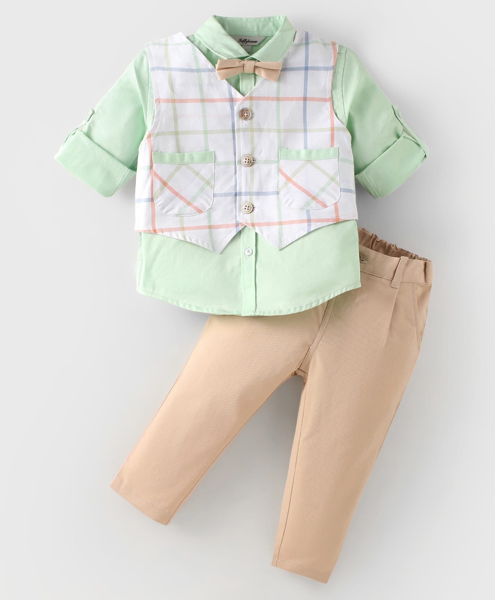 ToffyHouse Poplin Woven Full Sleeves Checkered 3 Piece Party Suit With Bow - Light Green-image-37