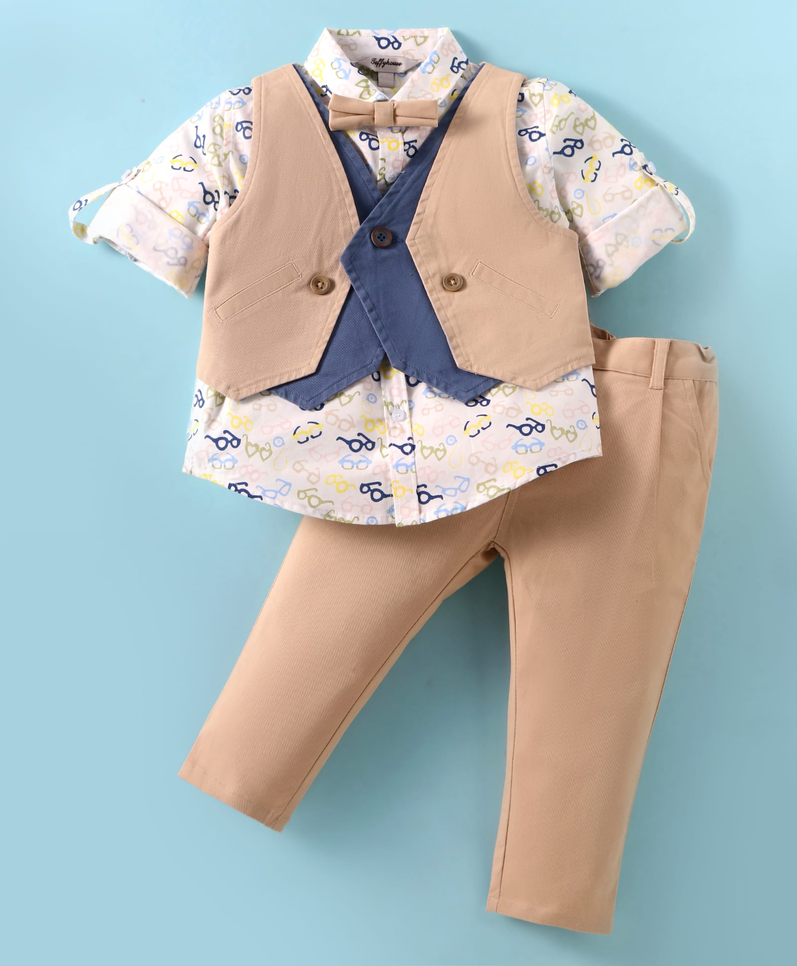 ToffyHouse Poplin Woven Full Sleeves 3 Piece Party Suit With Sunglasses Print & Bow - Tan-image-8