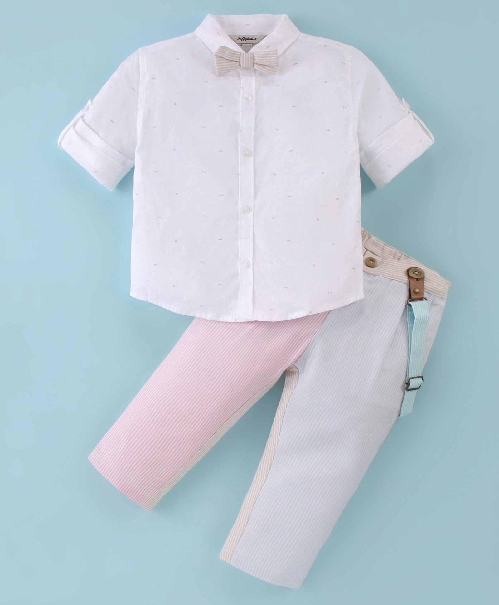 ToffyHouse 100% Cotton Woven Full Sleeves Sold Colour Shirt & Trouser Set with Bow & Suspender - Multicolour-picture-28