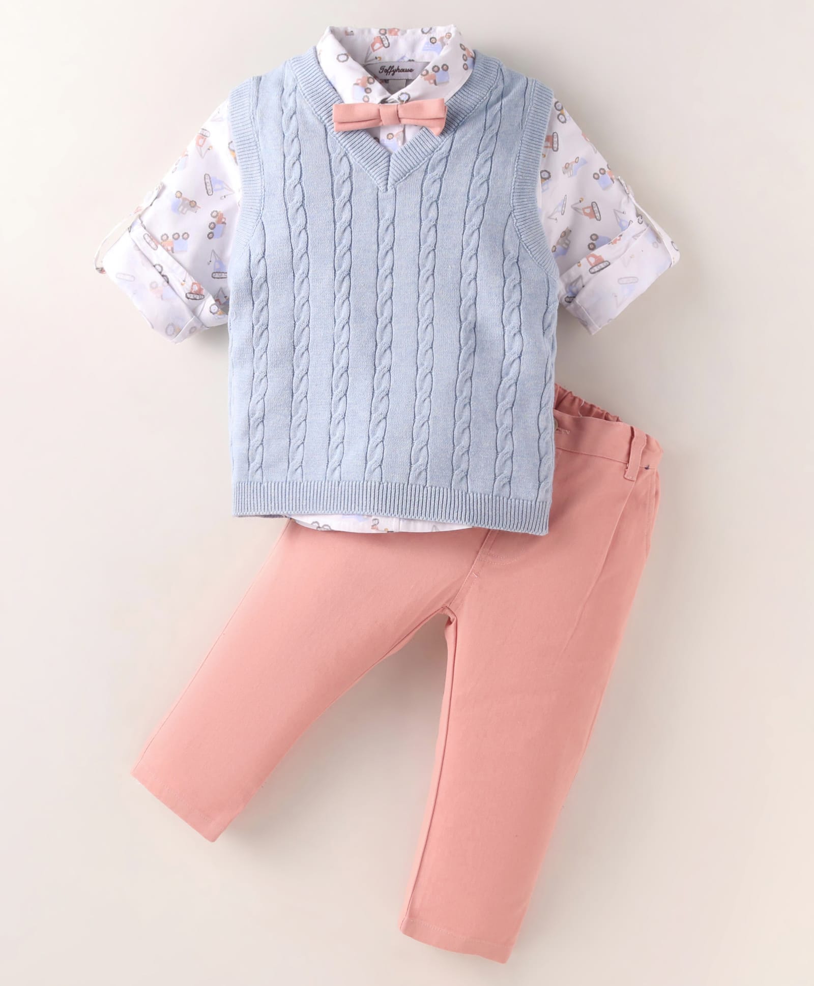 ToffyHouse 100% Cotton Woven Full Sleeves Vehicle Printed Shirt & Full Length Trouser Setwith Flat Knit Sweater & Bow - Pink-picture-34