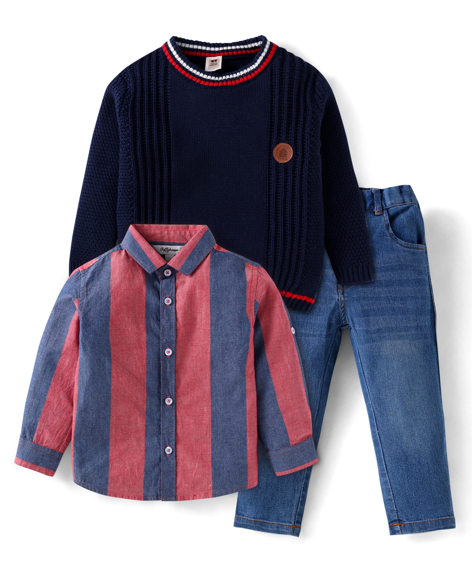 ToffyHouse Cotton Woven Winter Wear Suits Full Sleeves Stripe Shirt & Jeans Set with Sweater- Black Red & Navy Blue-image-38