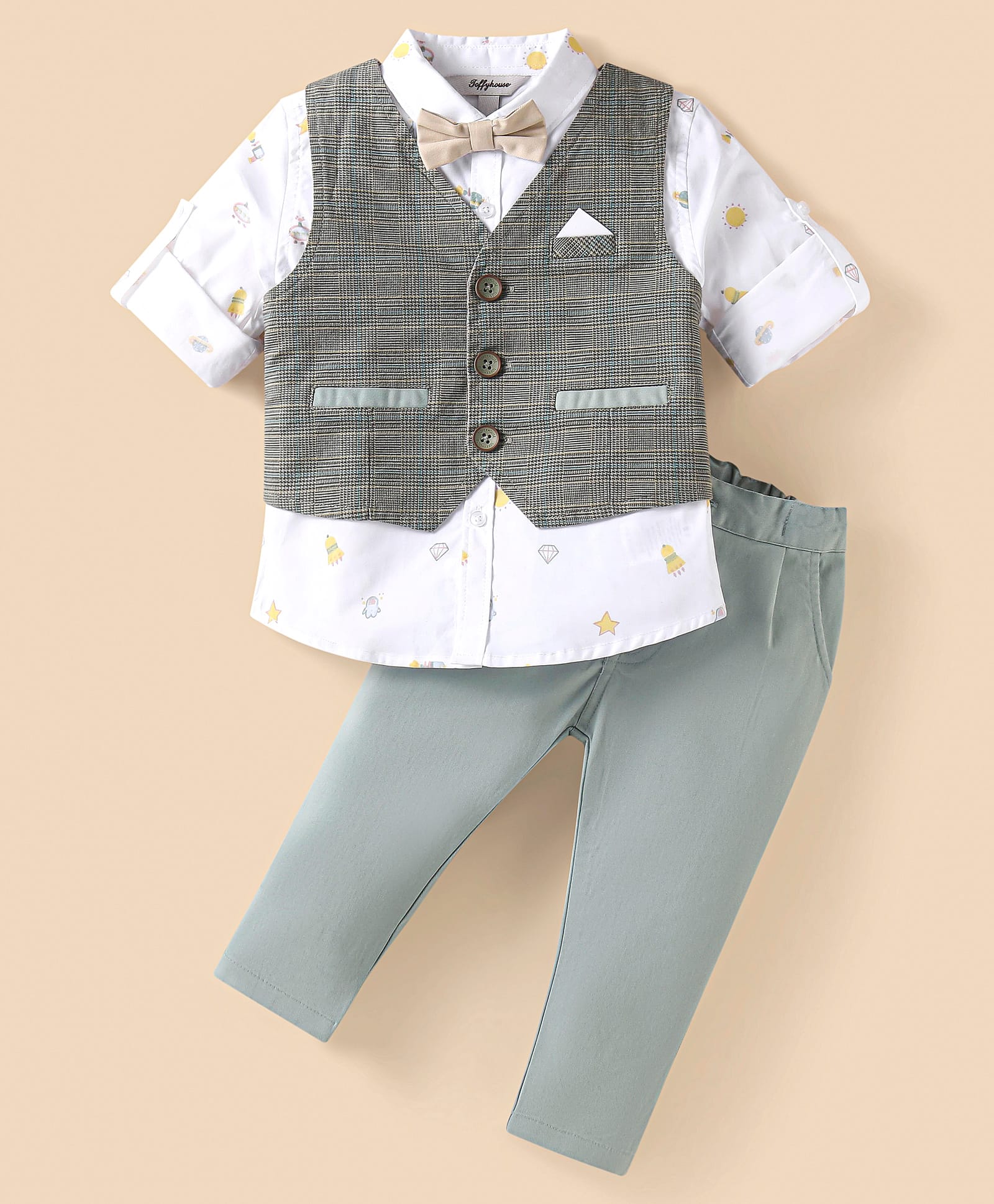 ToffyHouse Poplin Woven Full Sleeves Space Theme Printed 3 Piece Party Suit With Bow - White-image-39
