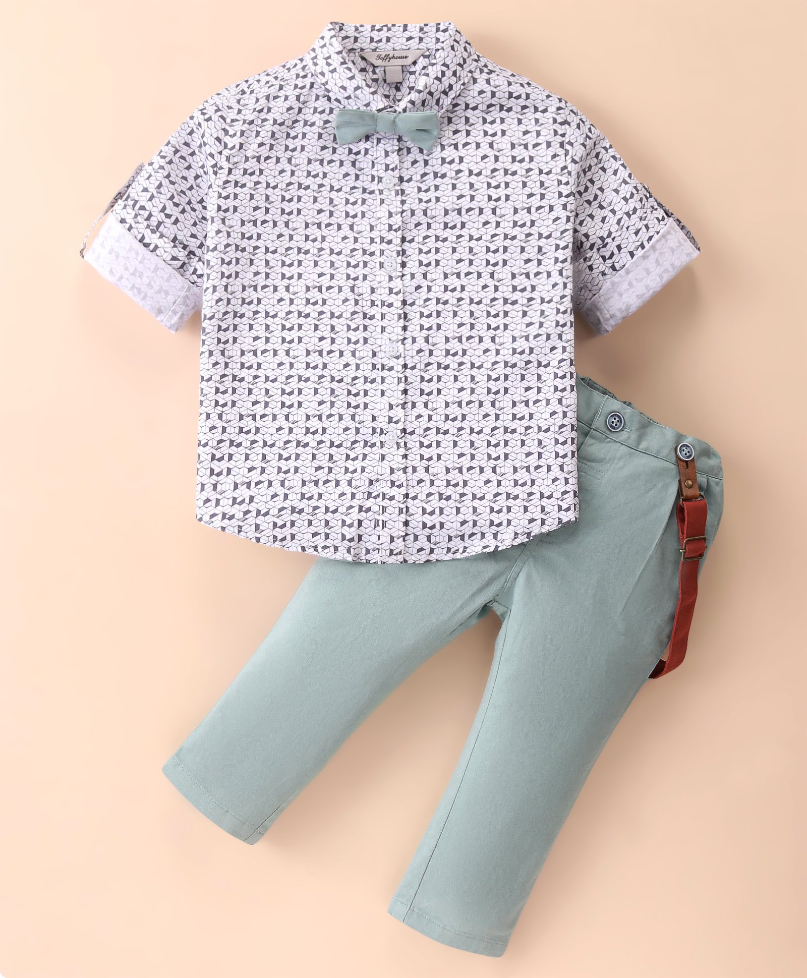 ToffyHouse 100% Cotton Woven Full Sleeves Printed Shirt & Trouser Set with Bow & Suspender - Turquoise-image-35