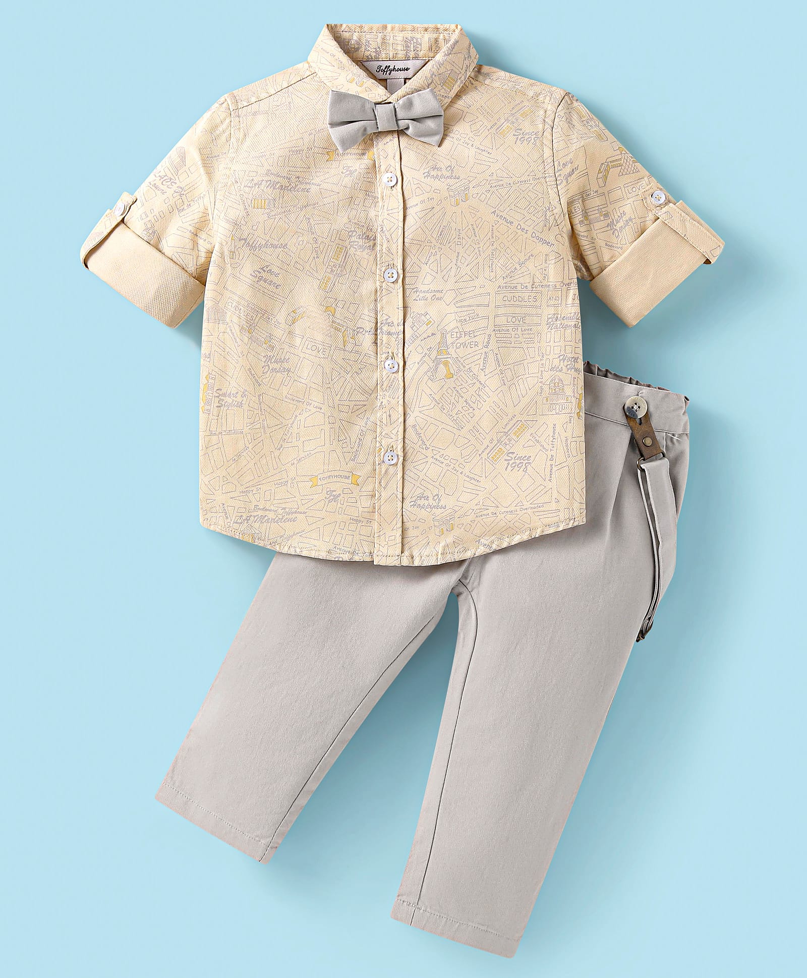 ToffyHouse Chambray Woven Full Sleeves Text Printed Party Shirt & Trouser Set With Bow & Suspender - Light Grey-image-39