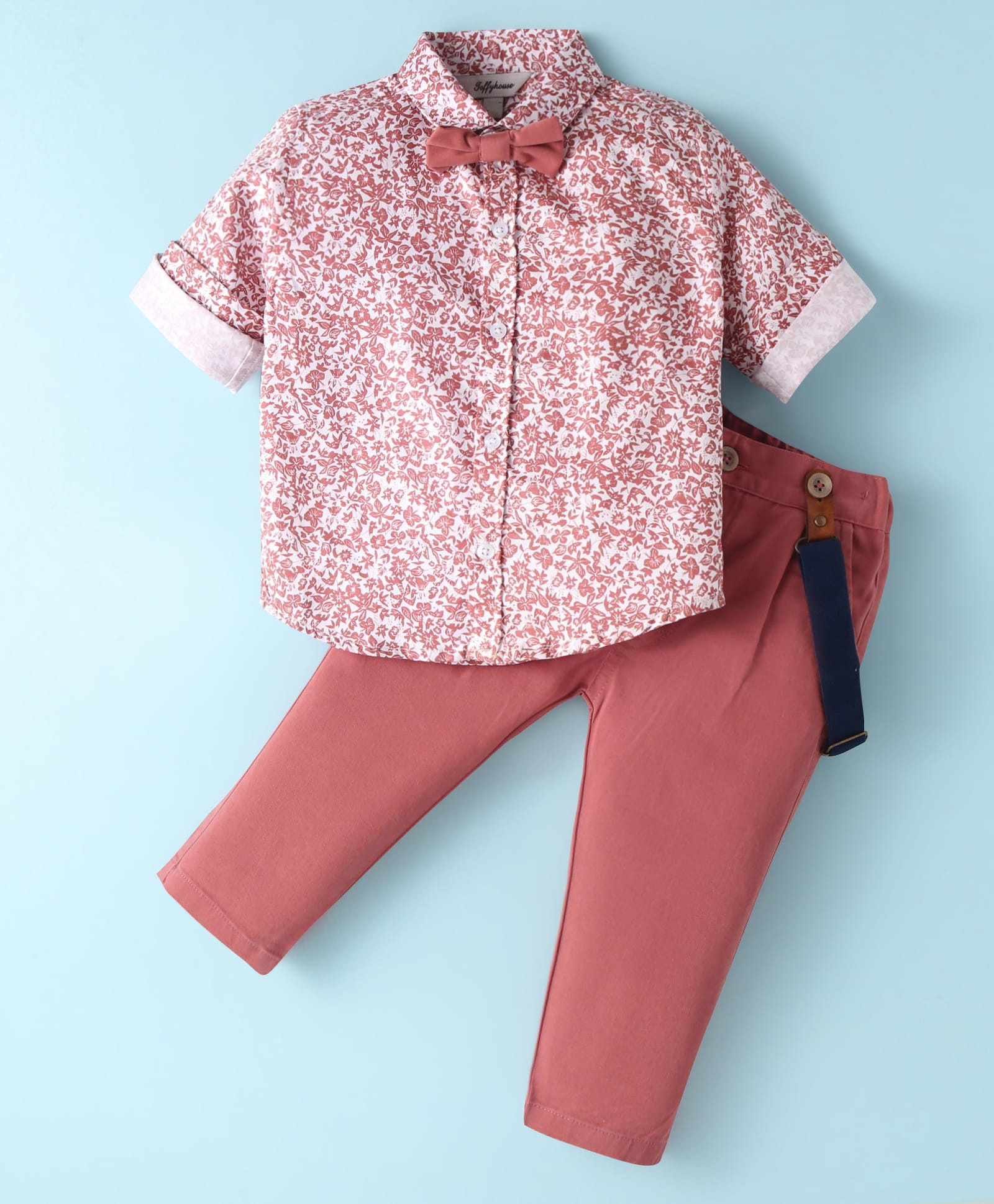 ToffyHouse 100% Cotton Knit Full Sleeves Floral Printed Shirt Trouser with Bow & Suspender - Rose Gold-picture-14