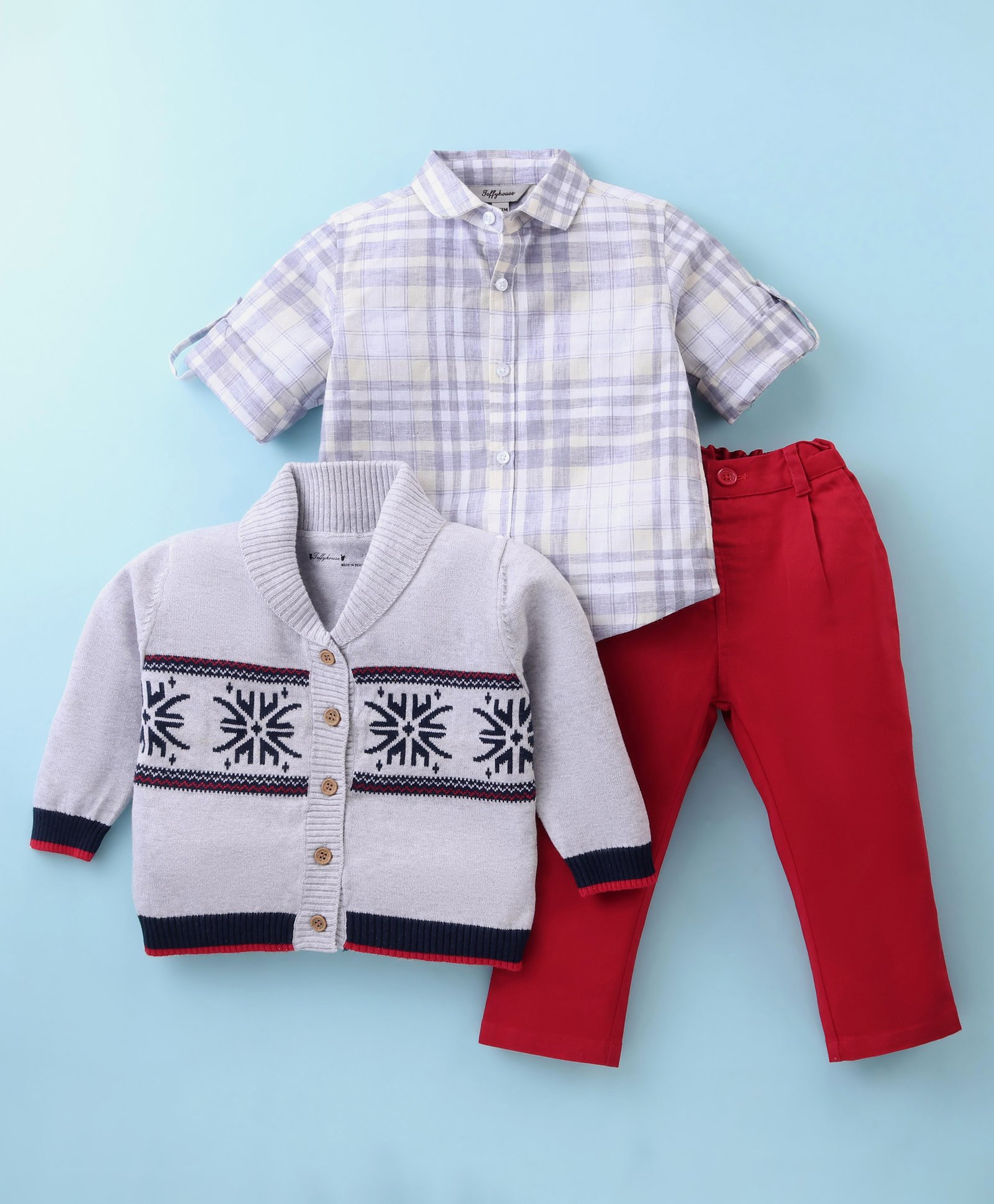 ToffyHouse 100% Cotton Knit Full Sleeves Winter Wear Checkered Shirt & Trouser Set with Intarsia Designed Sweater - Red-image-32