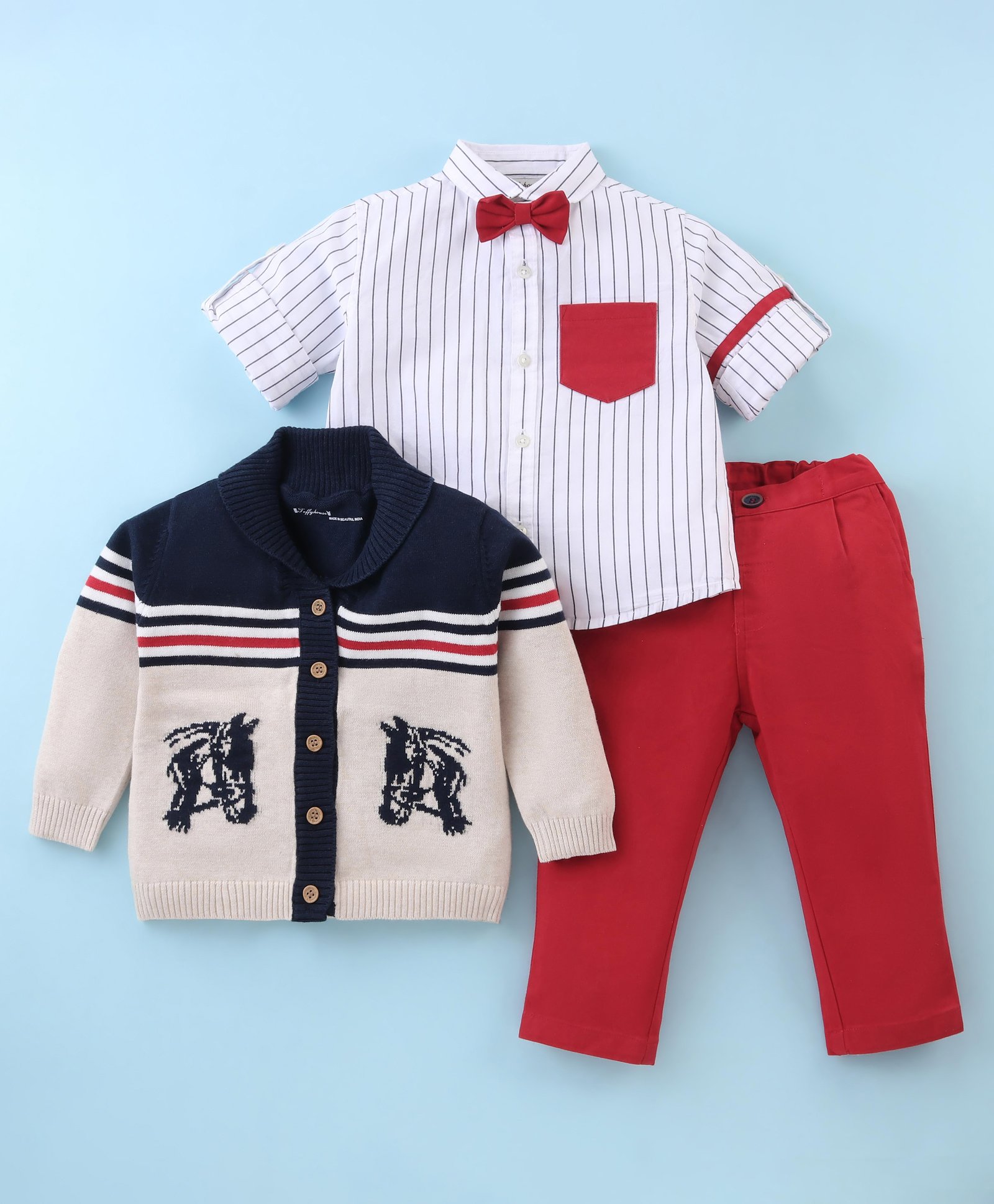 ToffyHouse 100% Cotton Knit Full Sleeves Striped Shirt & Trouser Set with Horse Designed Sweater & Bow - Red-image-31