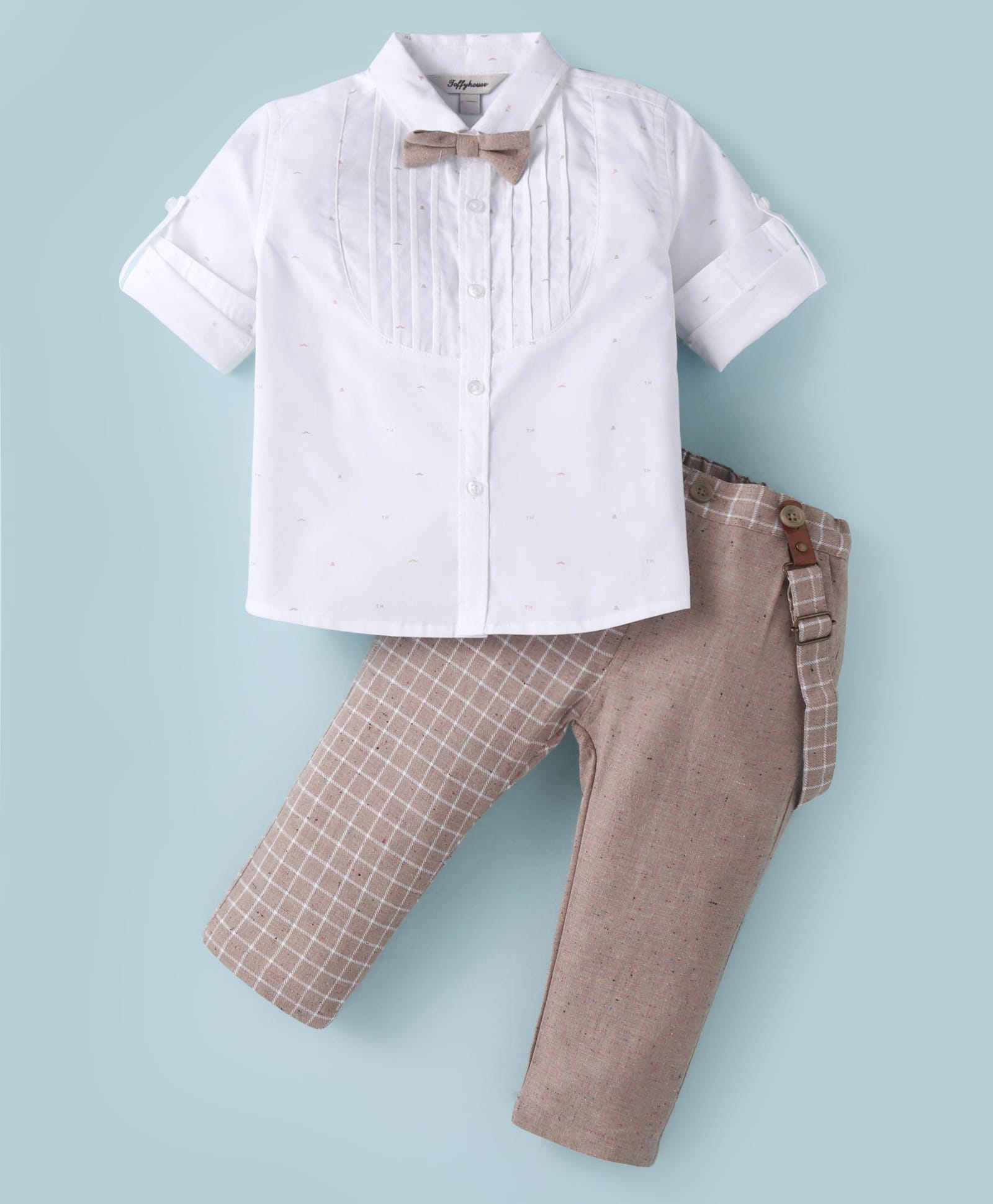 ToffyHouse Poplin Woven Full Sleeves Party Shirt & Checkered Trouser With Bow & Applique - White-image-18