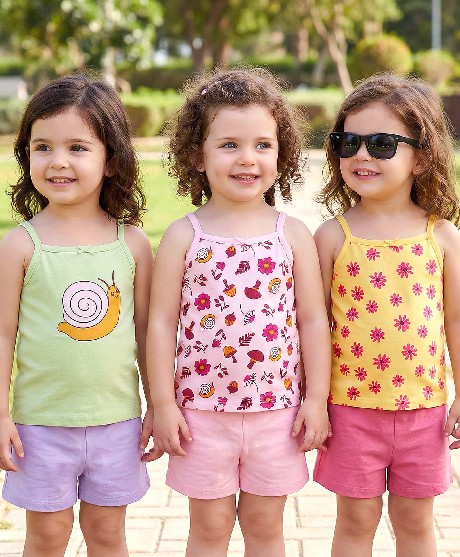Babyoye Cotton Spandex Knit Singlet Sleeves Floral & Snail Printed Slips Pack of 3 - Yellow Green & Pink-picture-31