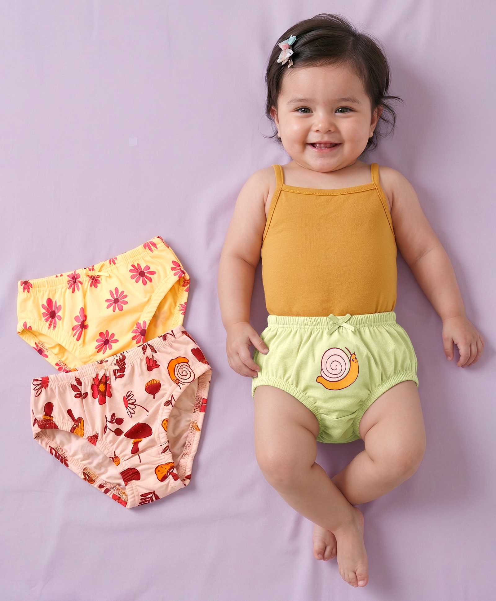 Babyoye Cotton Spandex Knit Floral & Caterpillar Printed Panties Pack of 3 - Pink & Yellow-image-24