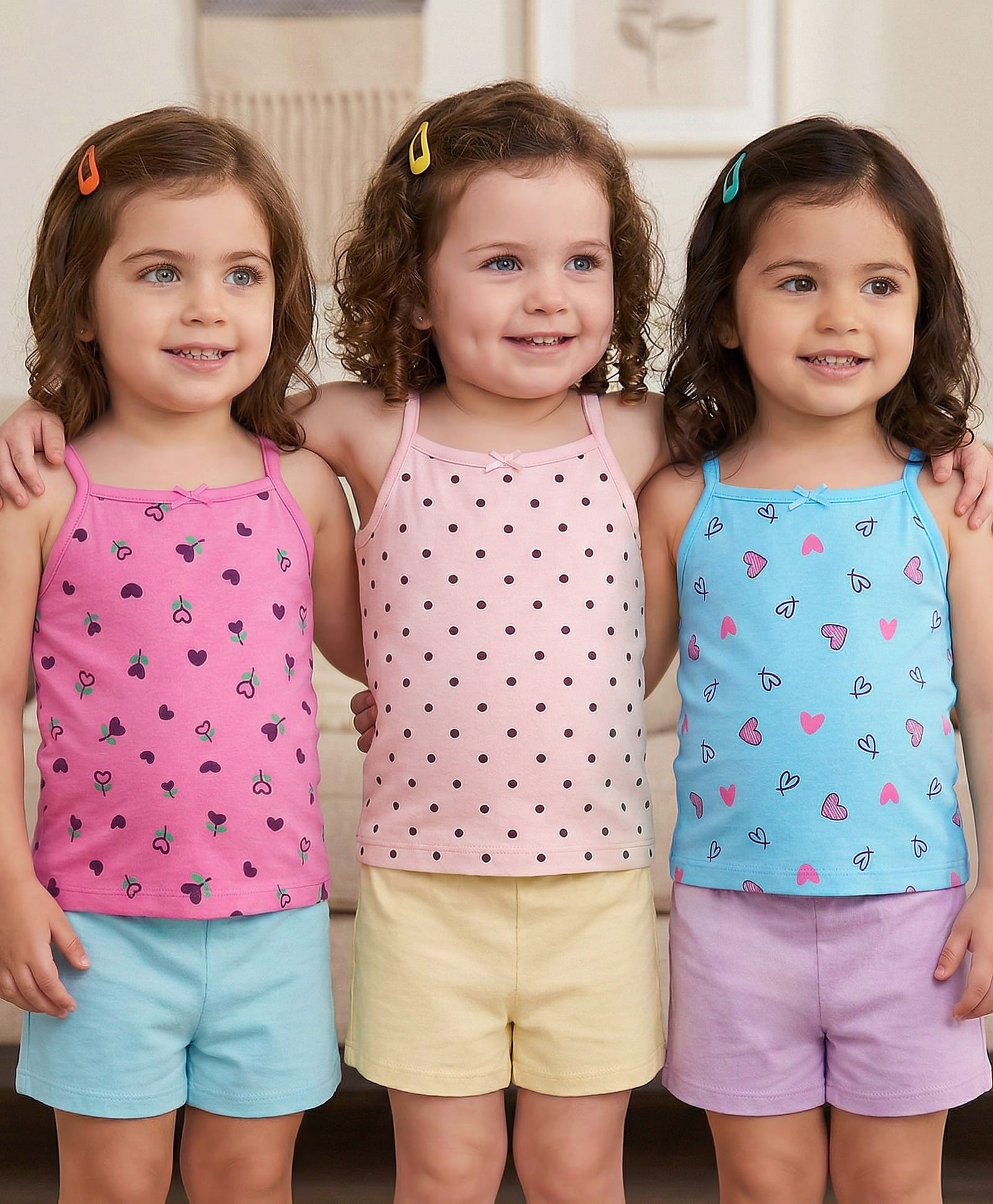 Babyoye Cotton Knit Sleeveless Slips With Heart Print Pack of 3 - Light Blue Dark Pink & Light Pink-image-44