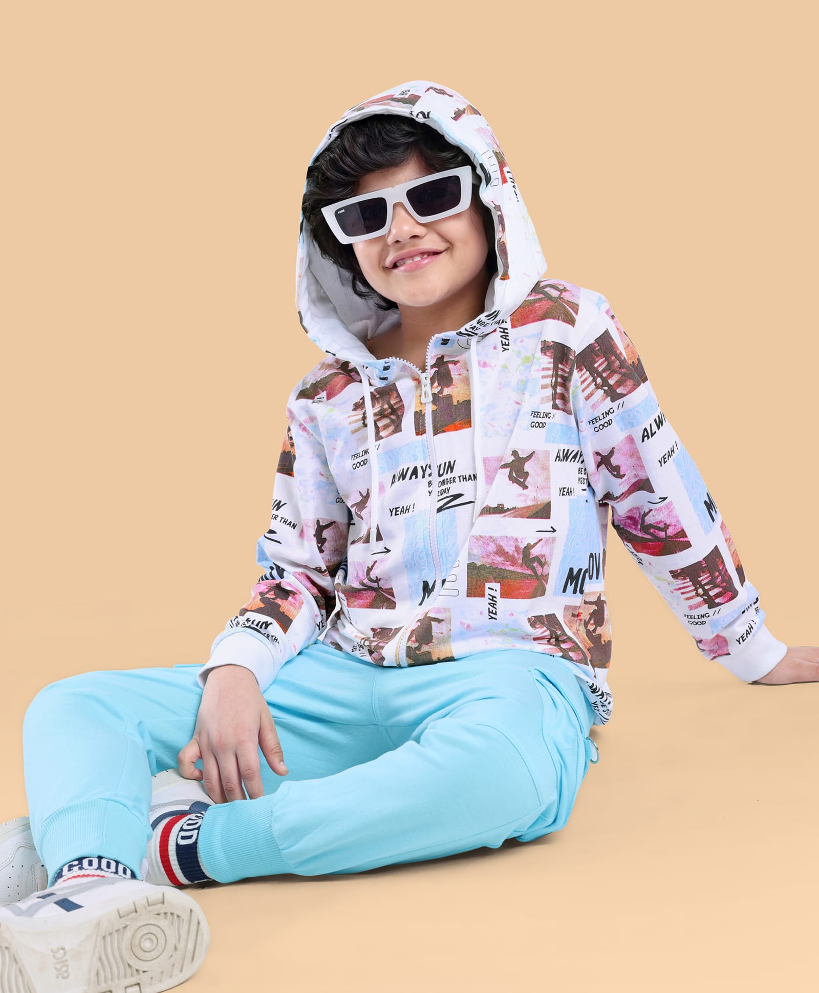 Ollington St. 100% Cotton Knit Full Sleeves Hooded Front zipper Sweatjacket & Joggers Set  with Text Print - White & Blue-picture-36