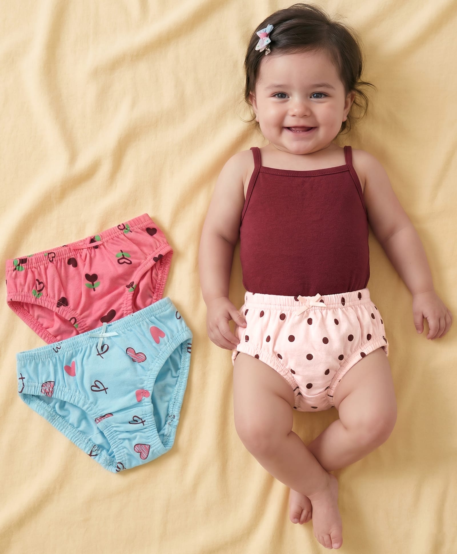 Babyoye Cotton Spandex Knit Floral & Polka Dots Printed Panties Pack of 3 - Pink Blue & Peach-image-27