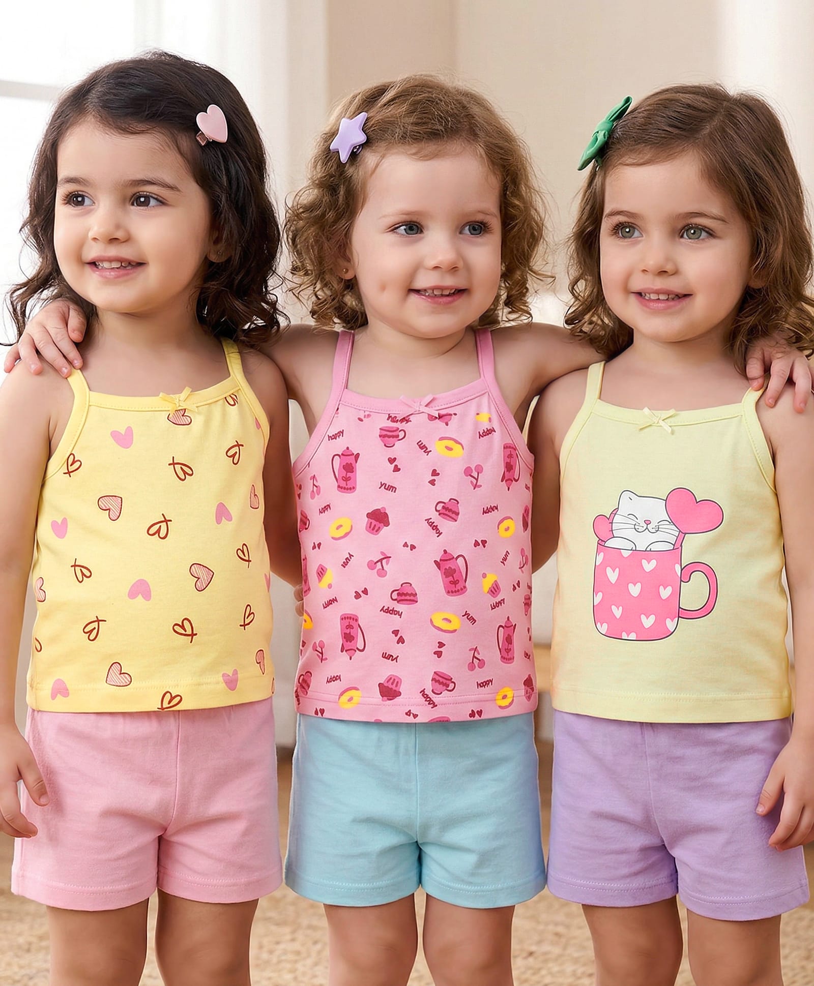 Babyoye Cotton Spandex Sleeveless Slips with Animals & Heart Print Pack of 3 - Yellow Pink & Mint-image-32