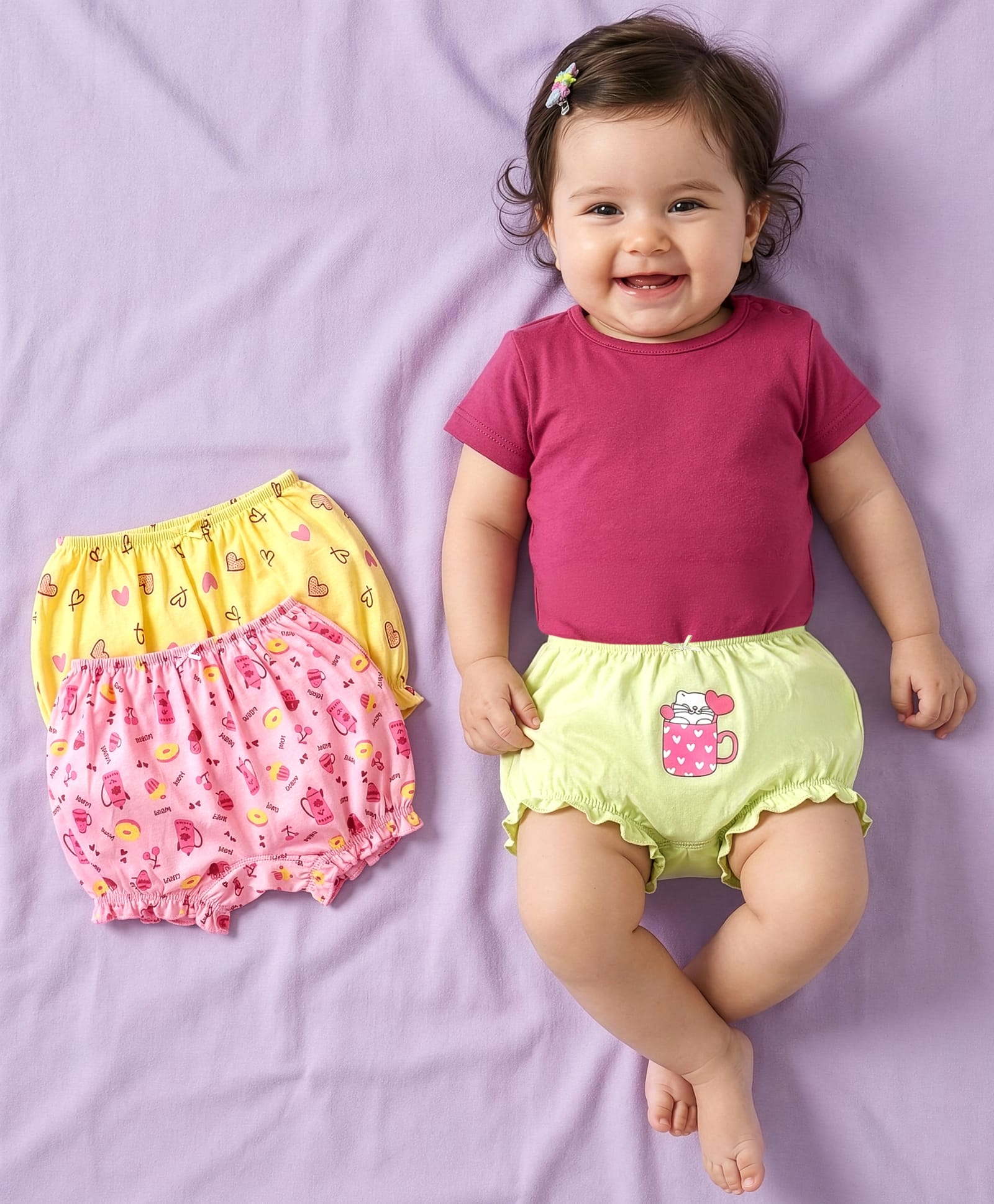 Babyoye Cotton Knit Bloomer With Heart & Animal Print Pack Of 3 - Pink Yellow-image-41