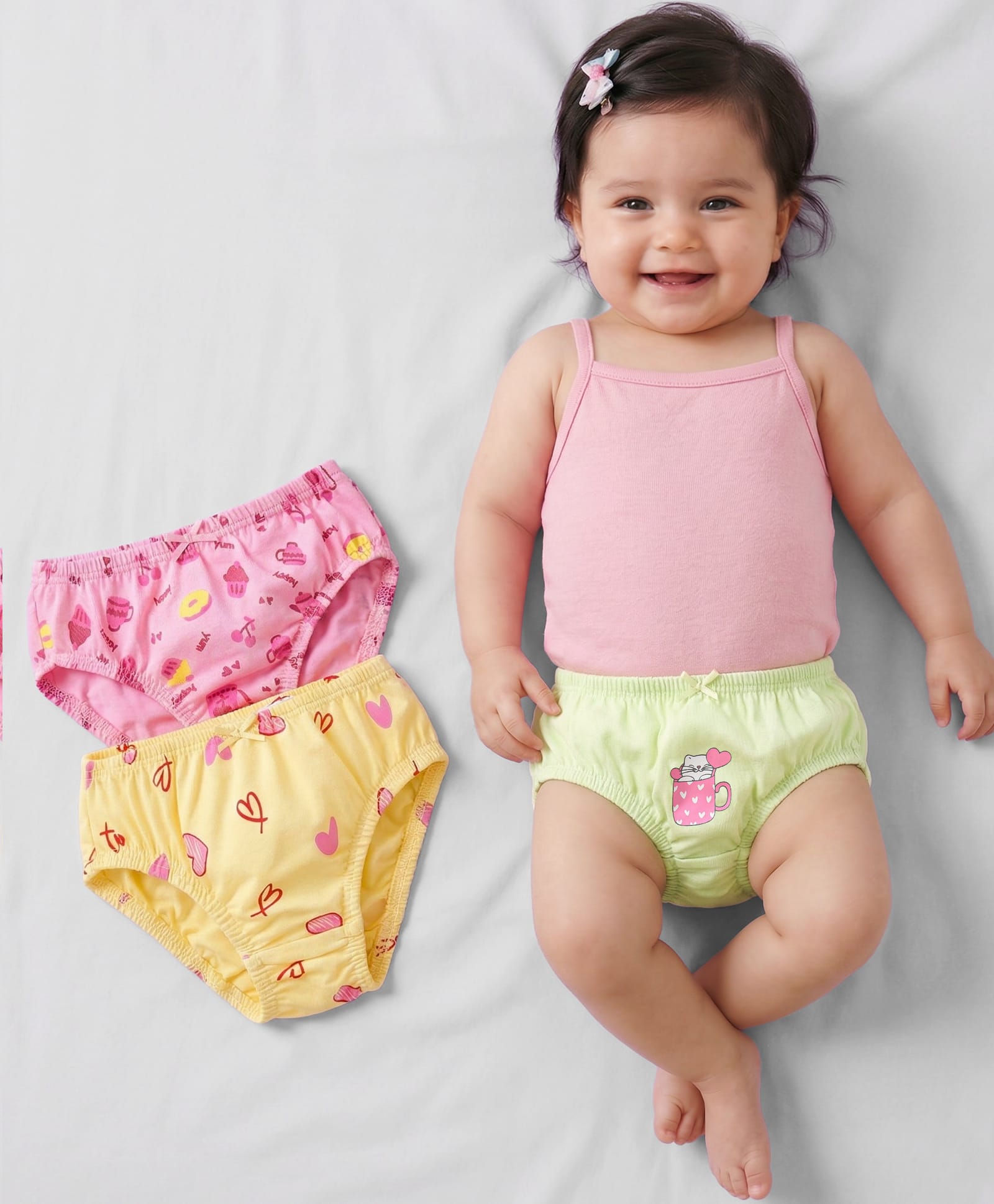 Babyoye Cotton Spandex Knit Panties with Hearts & Ice Cream Print Pack of 3 - Pink Yellow & Light Green-image-25
