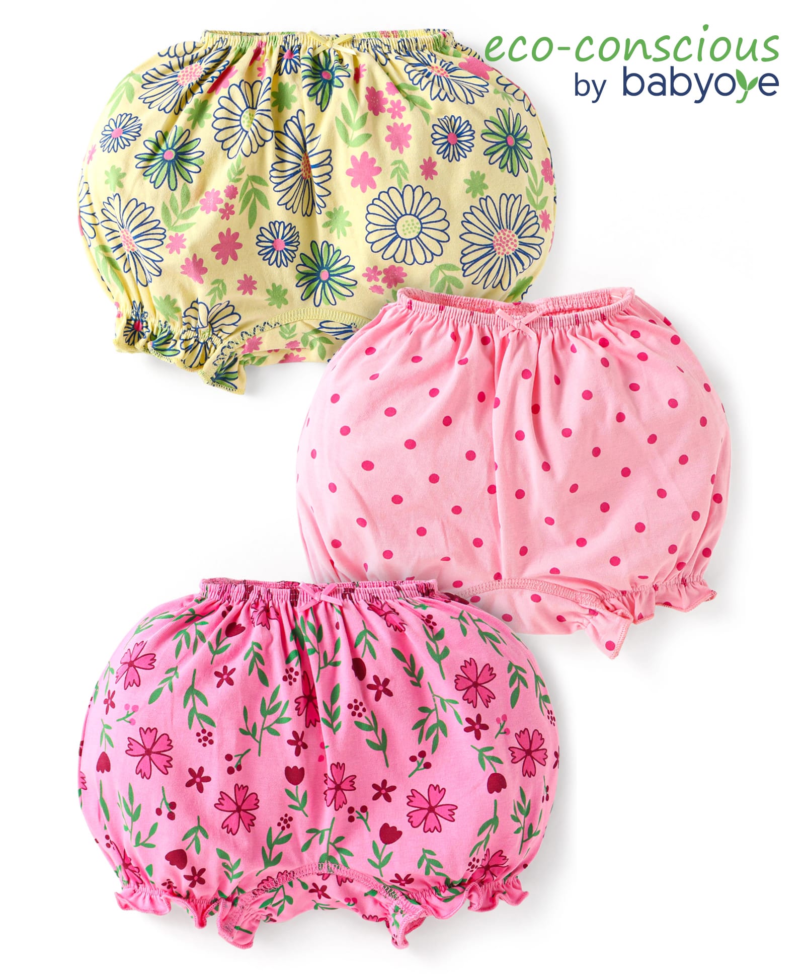 Babyoye Cotton Spandex Allover Floral & Polka Dots Printed Bloomers Pack of 3 - Pink & Yellow-image-17