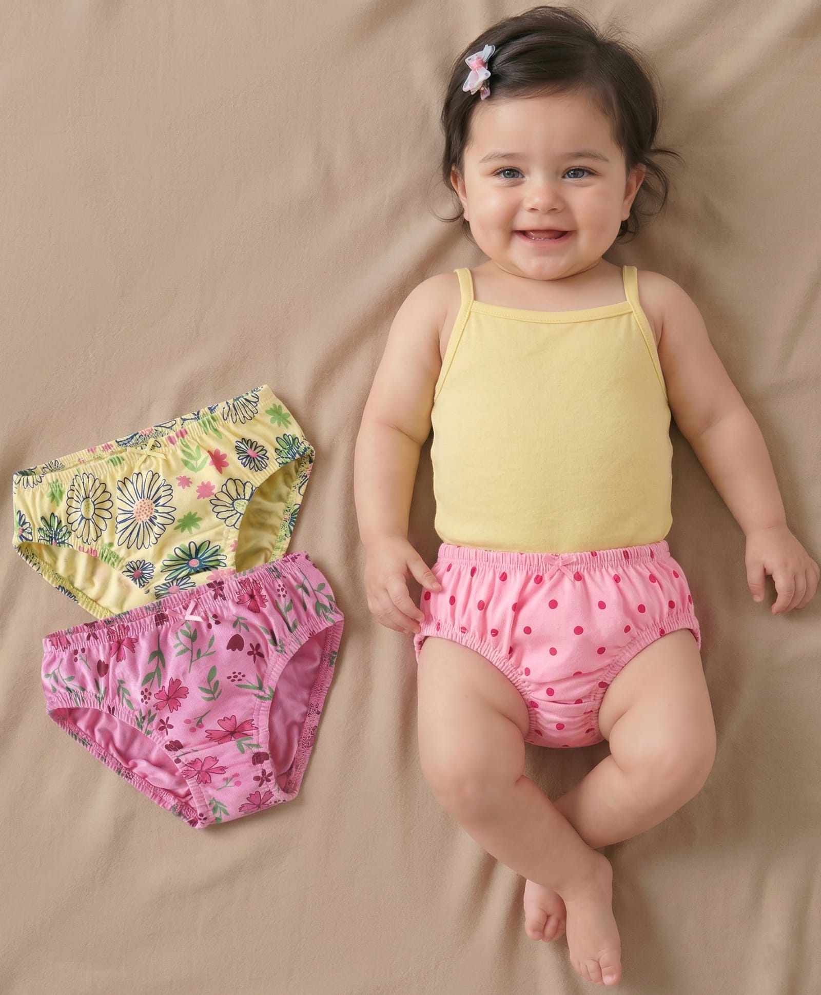 Babyoye Cotton Spandex Knit Floral & Polka Dots Printed Panties Pack of 3 - Pink & Yellow-image-15