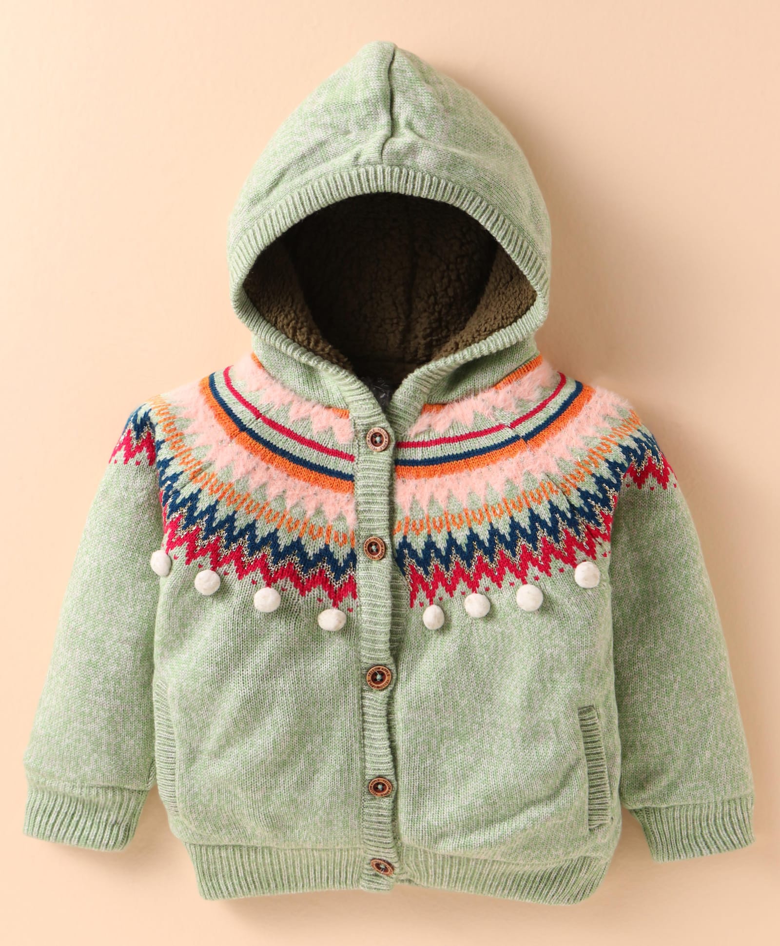 Yellow Apple Knit Full Sleeves Front Open Hooded Sweater with Design - Mint Green-picture-34