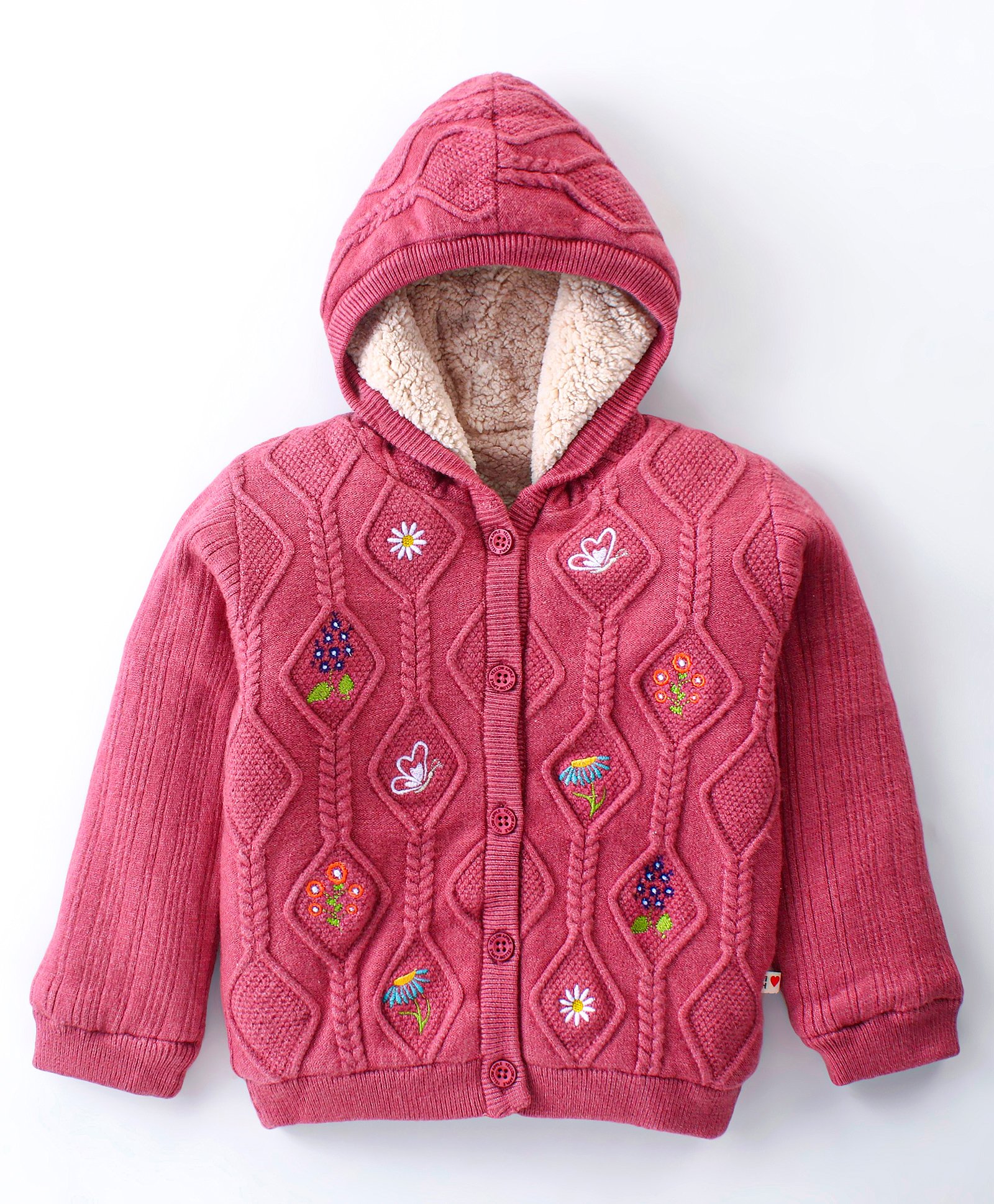 Yellow Apple Viscose Knit Full Sleeves Hooded Sweatjacket With Cable Knit Design & Floral Embroidery - Pink-picture-28