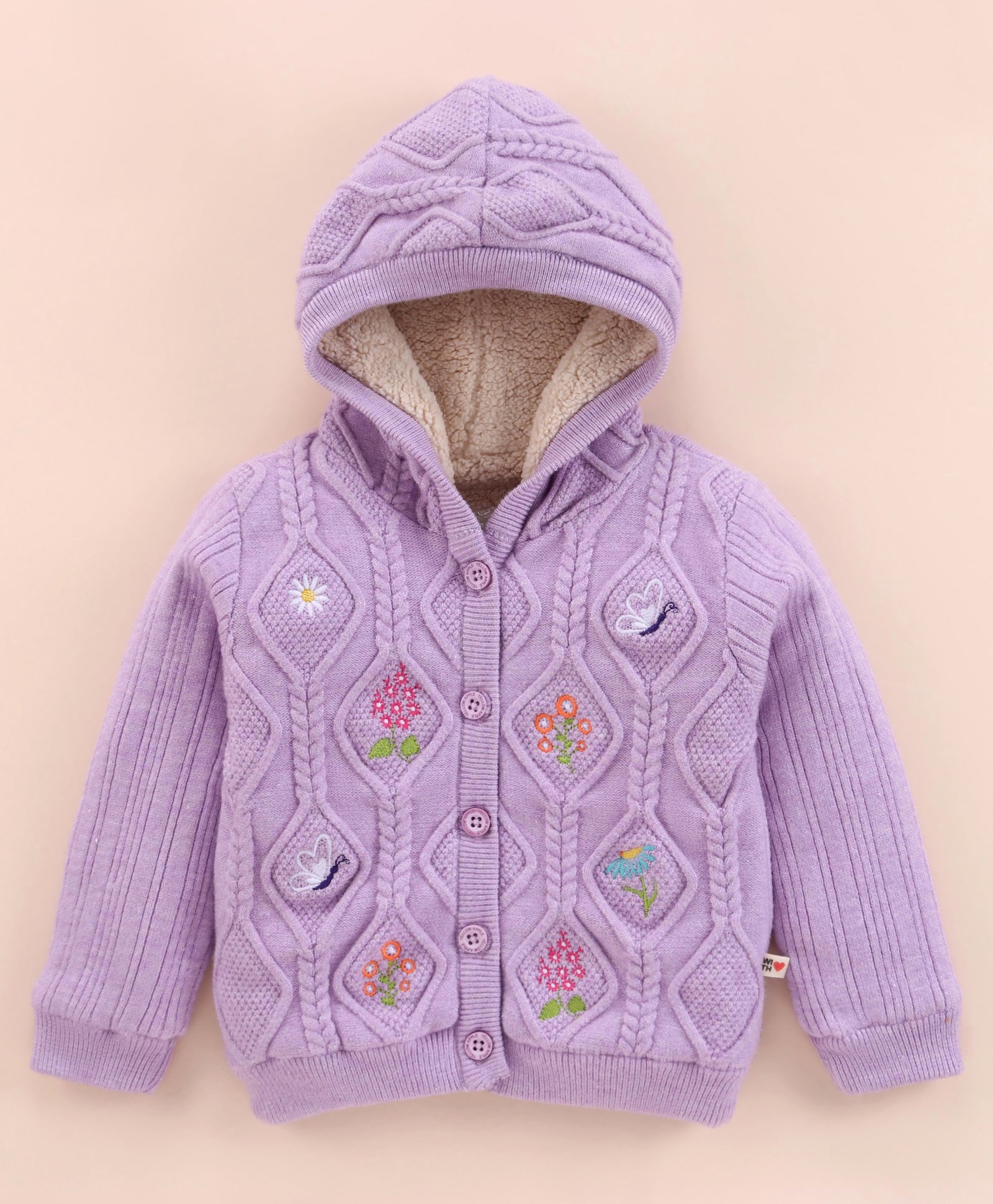 Yellow Apple Viscose Knit Full Sleeves Hooded Front Open Sweater With Cable Knit Design & Floral Embroidery - Lilac-picture-11