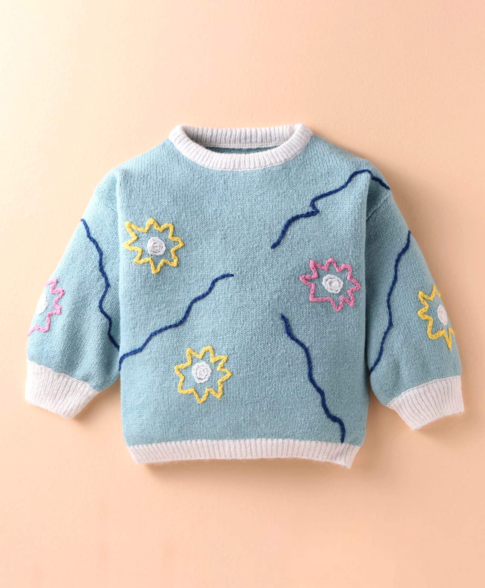 Yellow Apple Nylon Knit Full Sleeves Pullover Sweater With Floral Embroidery - Light Blue-picture-16