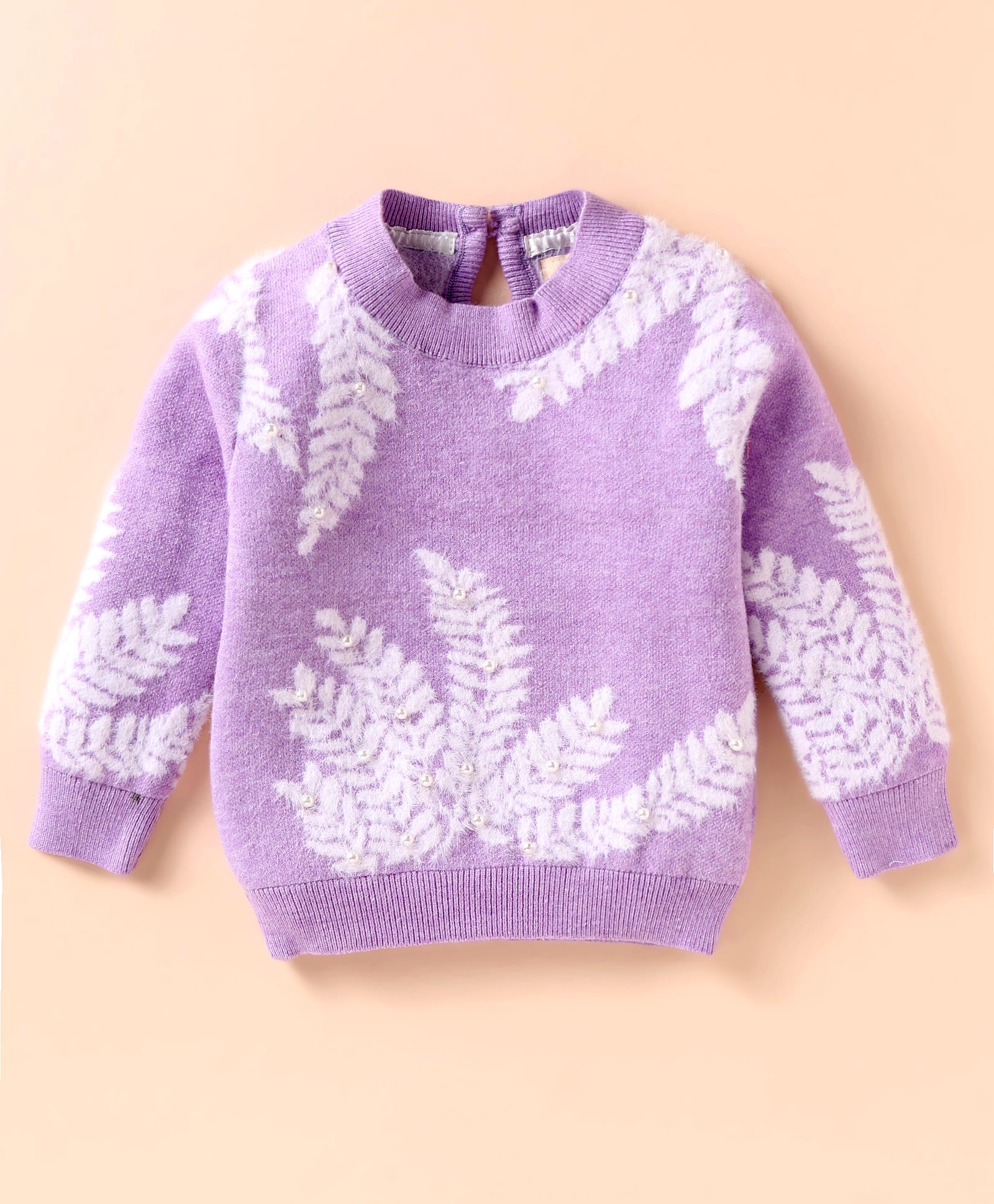 Yellow Apple Knit Full Sleeves Sweater with Leaves Design & Pearls Detailing - Lilac-image-42