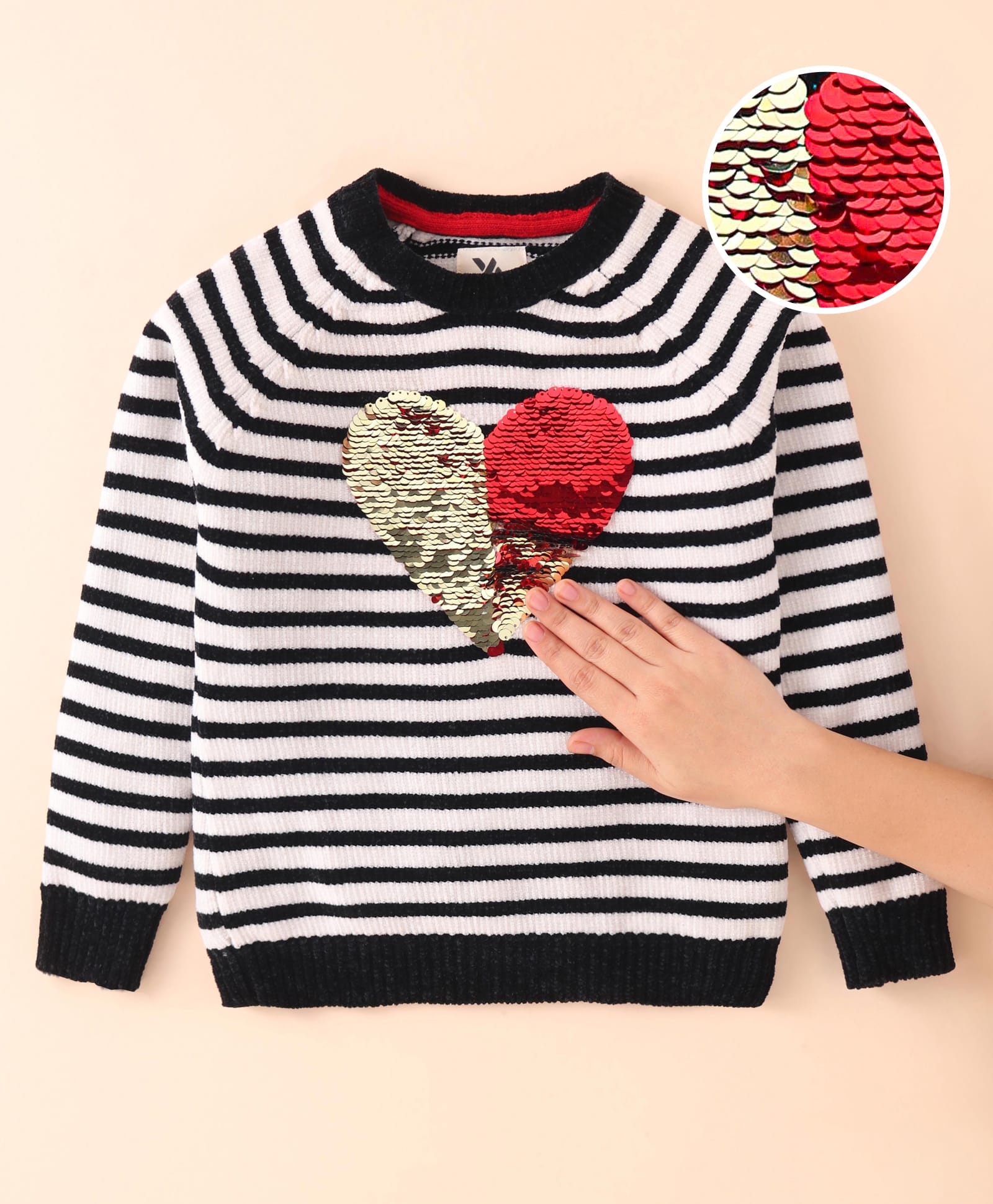 Yellow Apple Knit Full Raglan Sleeves Striped Sweater with Reversible Sequins - Black-picture-22