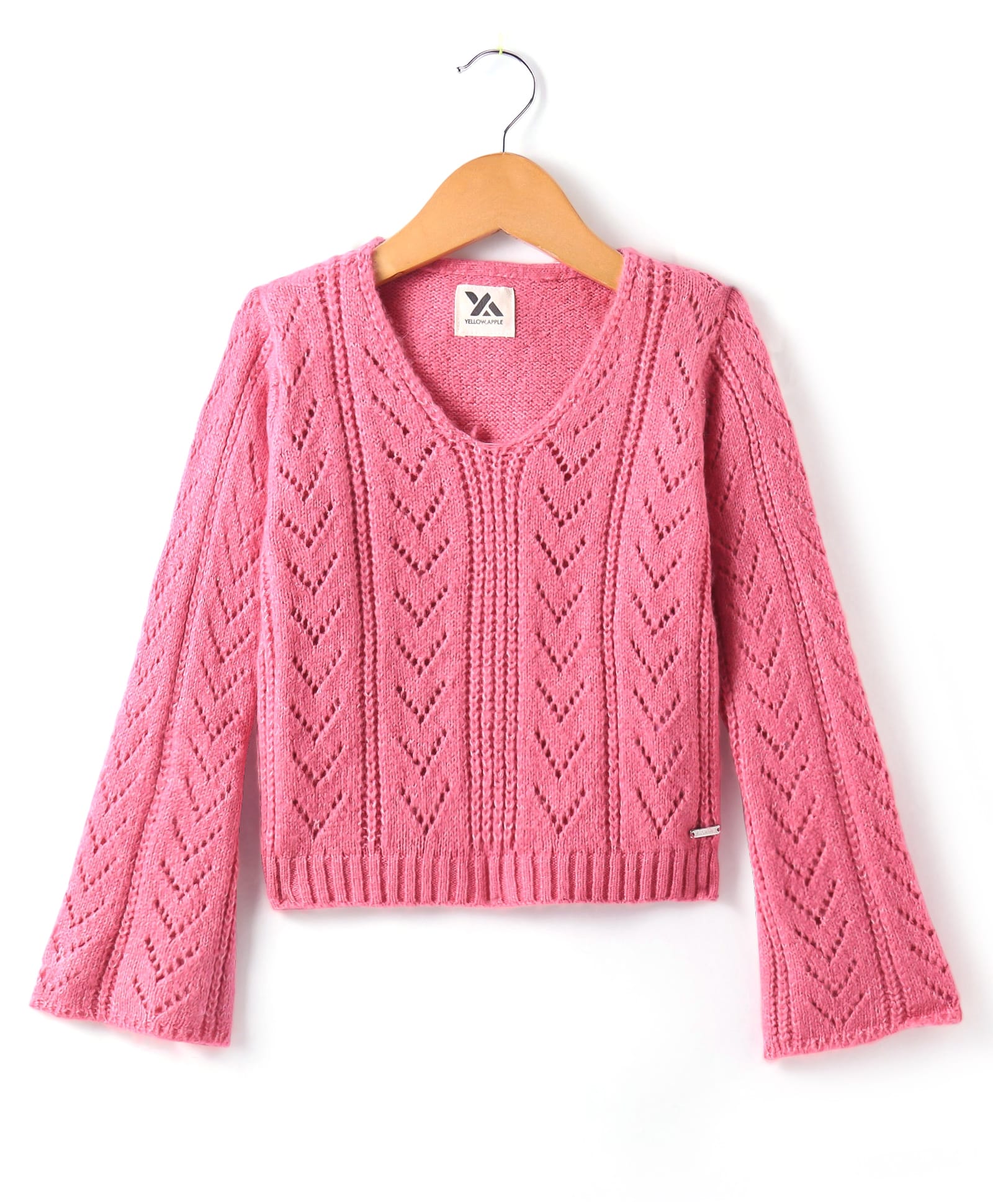 Yellow Apple Knitted Full Sleeves Pullover Sweater With Schiffli Design - Pink-image-8