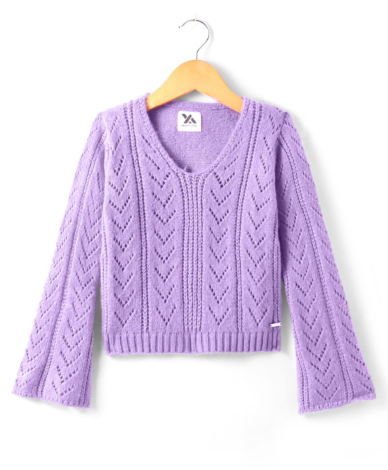 Yellow Apple Knitted Full Sleeves Pullover Sweater With Schiffli Design - Lilac-image-19