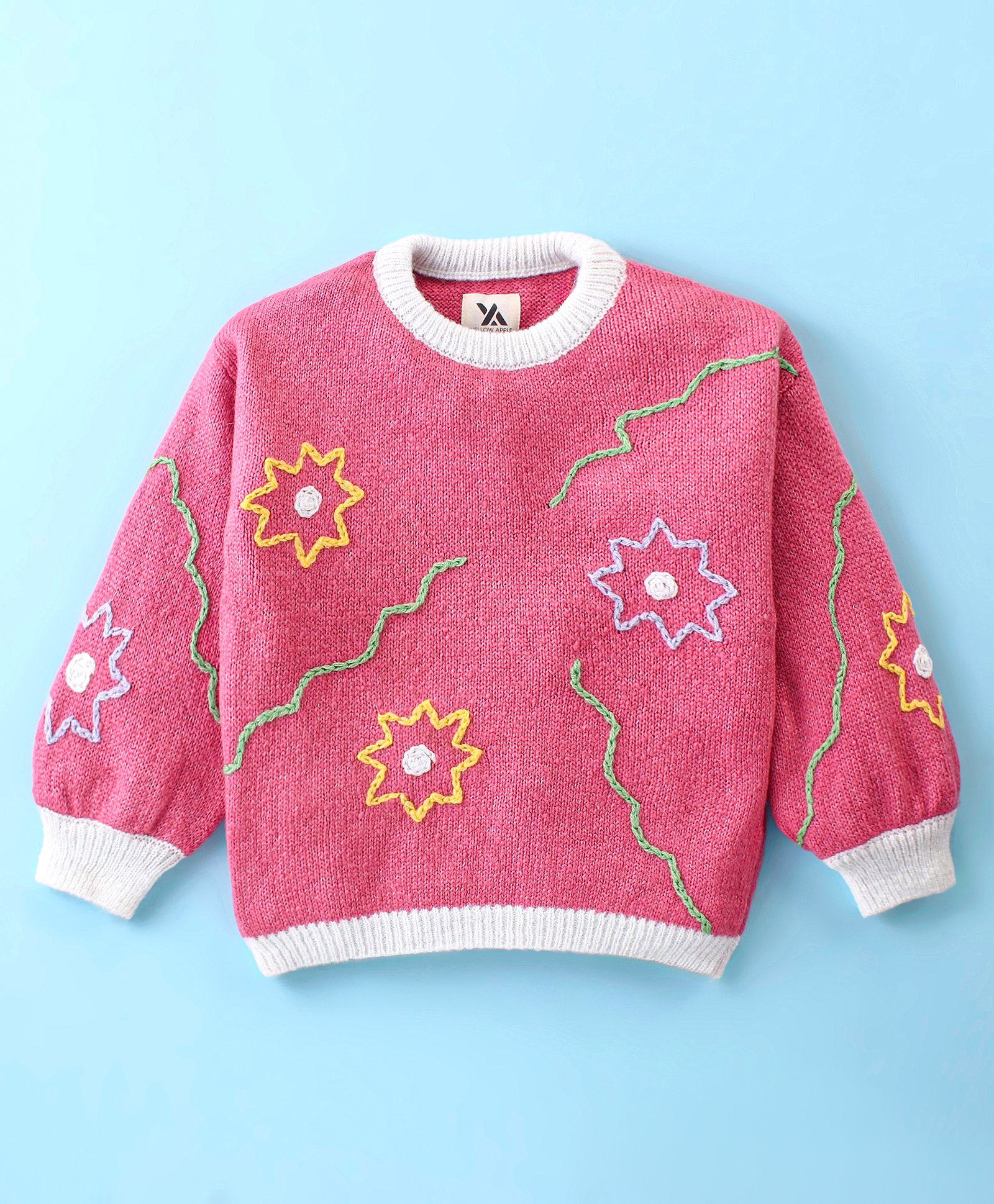 Yellow Apple Knit Full Sleeves Pullover with Floral Embroidery - Pink-picture-29