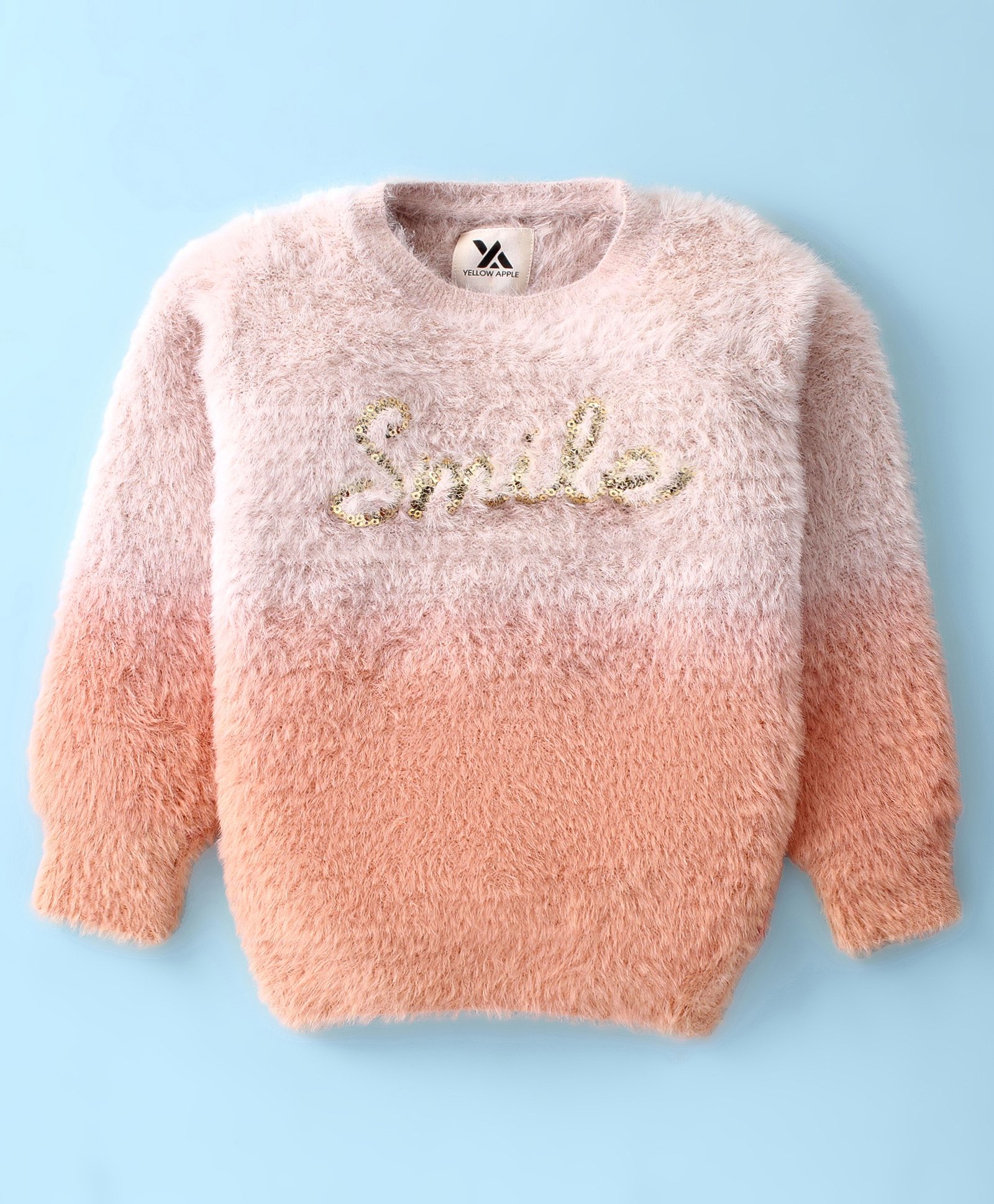 Yellow Apple Knitted Full Sleeves Pullover Sweater with Sequin Embroidery & Fur Detailing - Light Peach-image-39