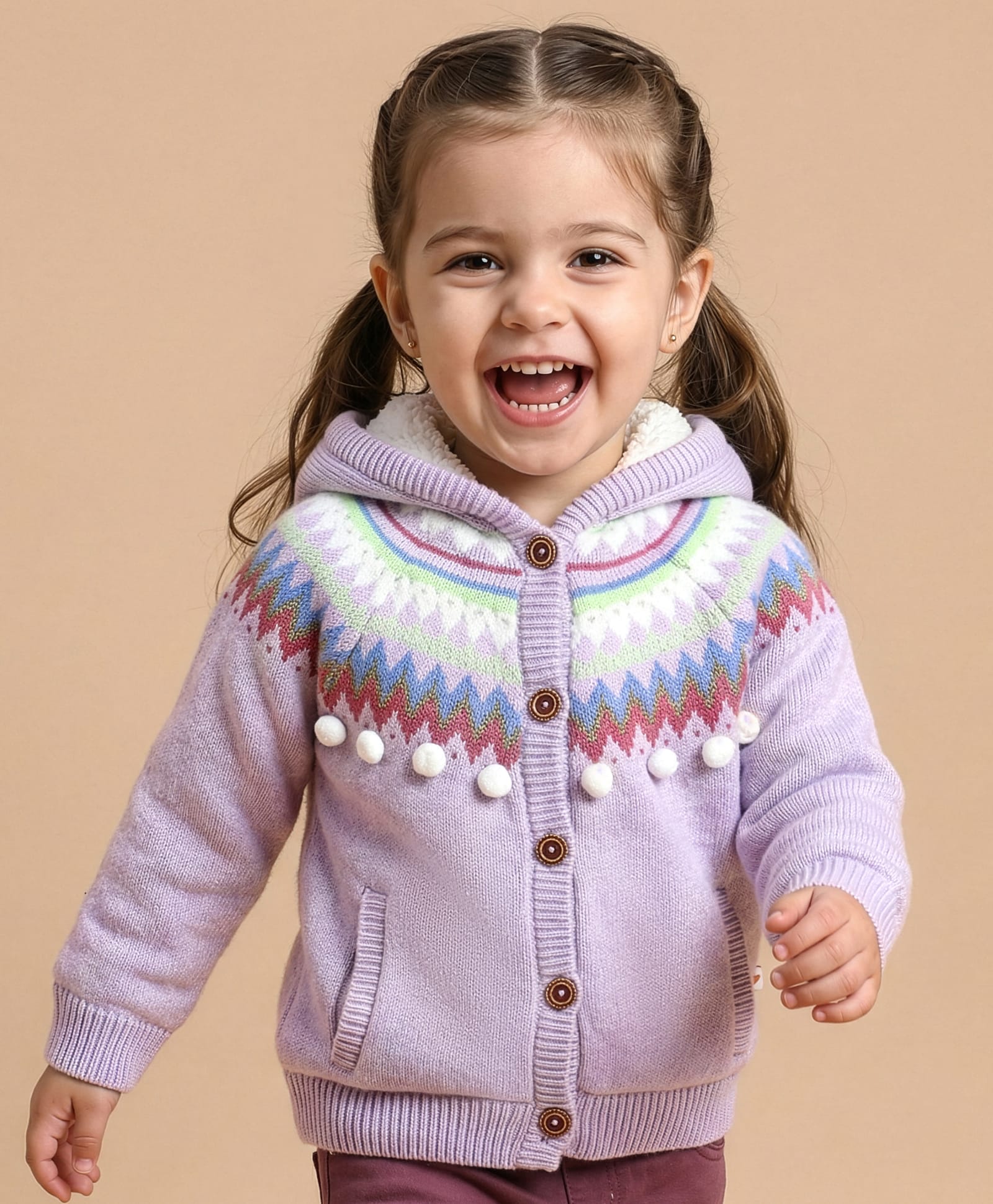 Yellow Apple Knit Full Sleeves Hooded Sweater Intarsia Design - Lilac-picture-26