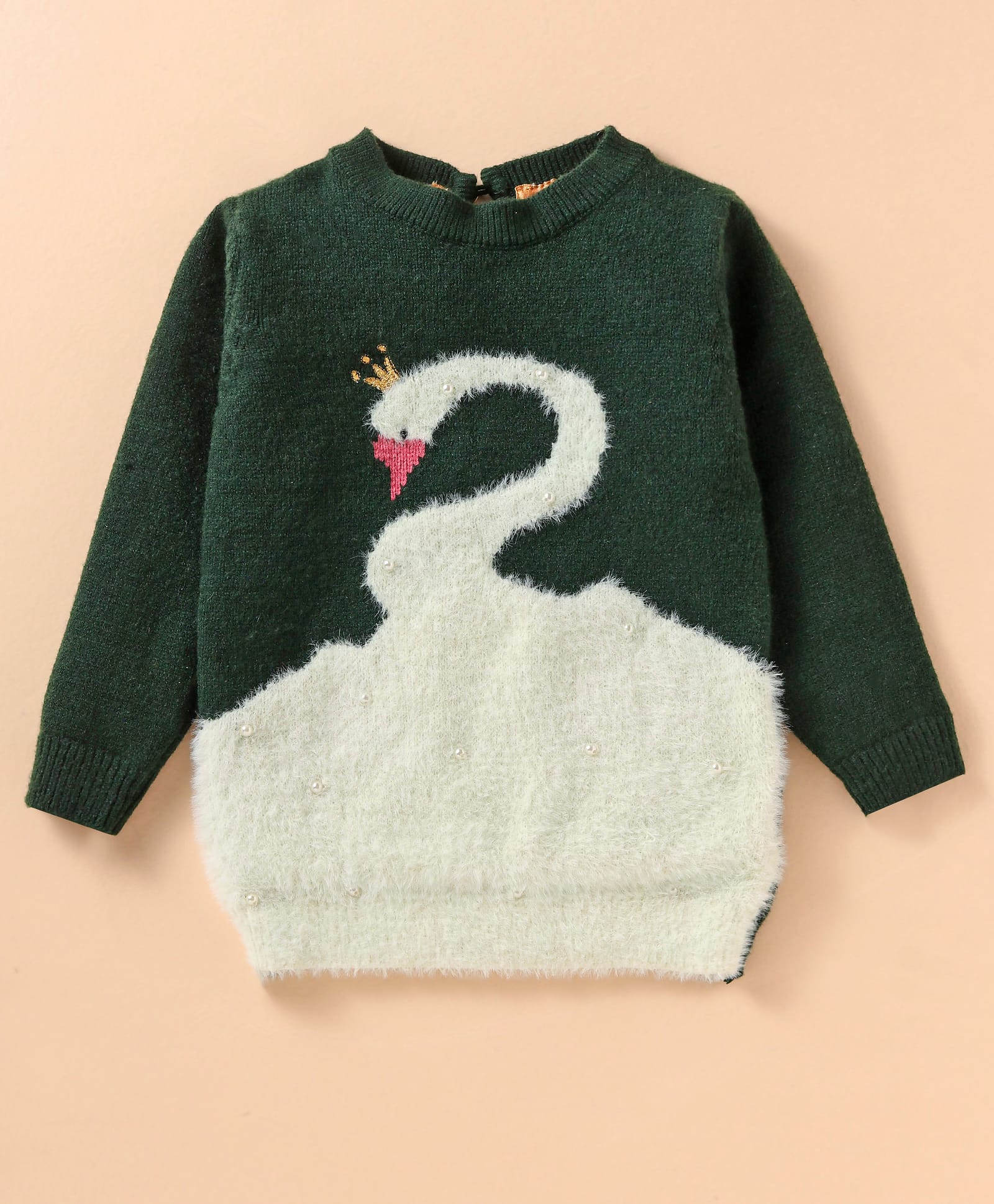 Yellow Apple Nylon Knitted Full Sleeves Pullover Sweater With Swan Design & Pearl Detailing - Dark Green-picture-45