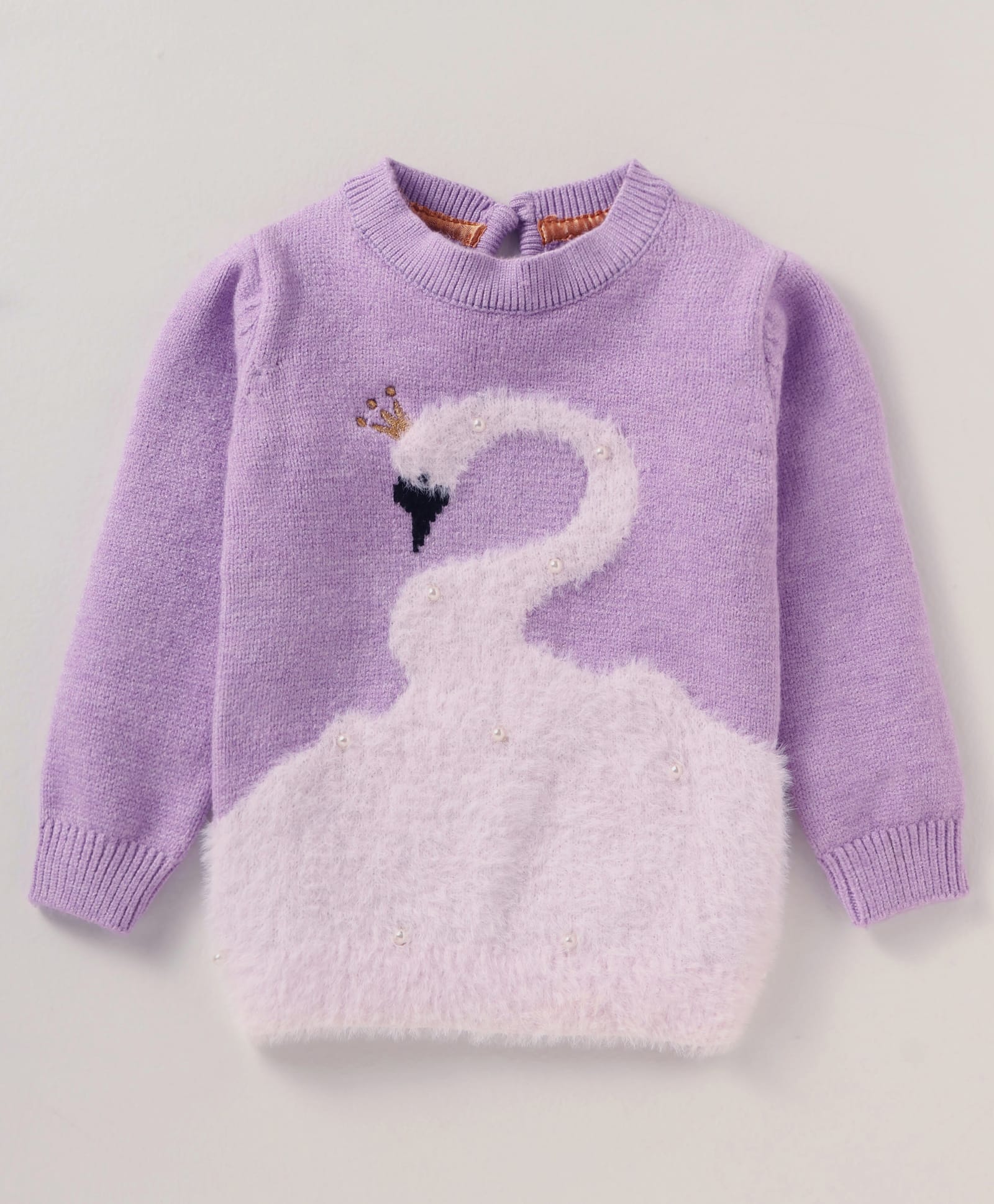 Yellow Apple Nylon Knitted Full Sleeves Pullover Sweater With Swan Design & Pearl Detailing - Lilac-image-48