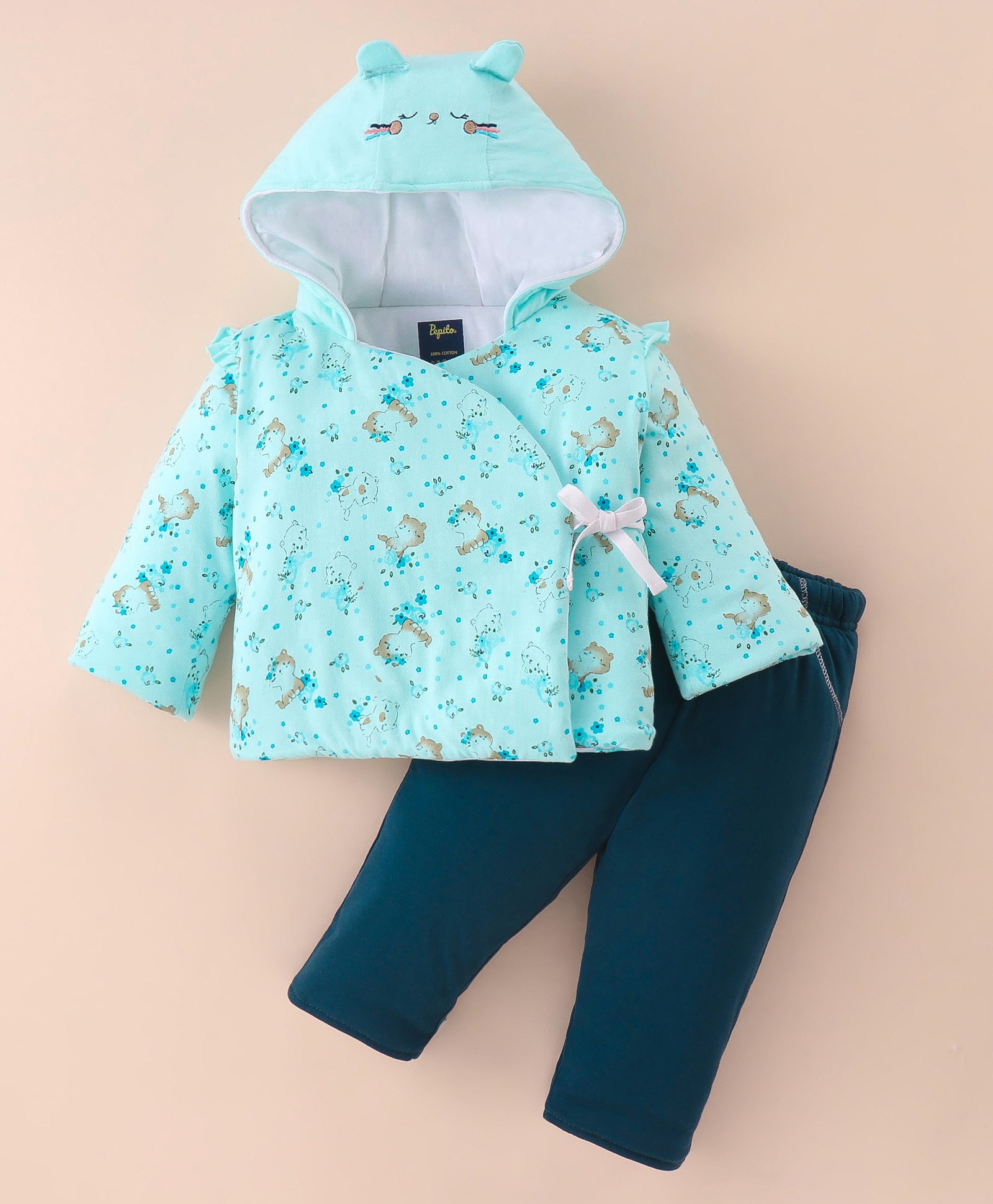 Pepito Cotton Knit Full Sleeves Quilted Hooded Winter Wear Suit Bear Print - Aqua-picture-17
