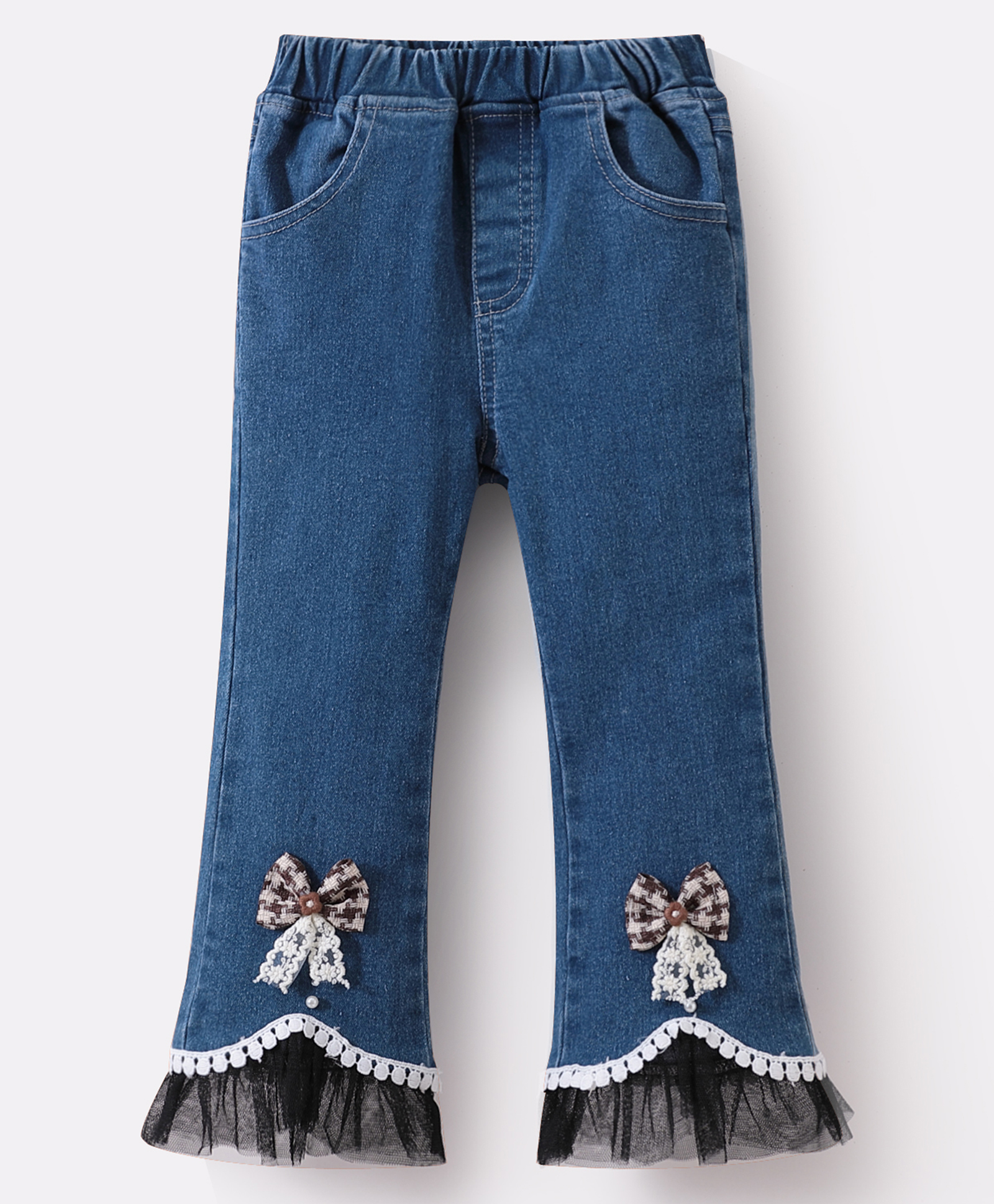 Kookie Kids Full Length WashedDenim Jeans with Bow Applique & Frill Detailing -Blue-picture-14