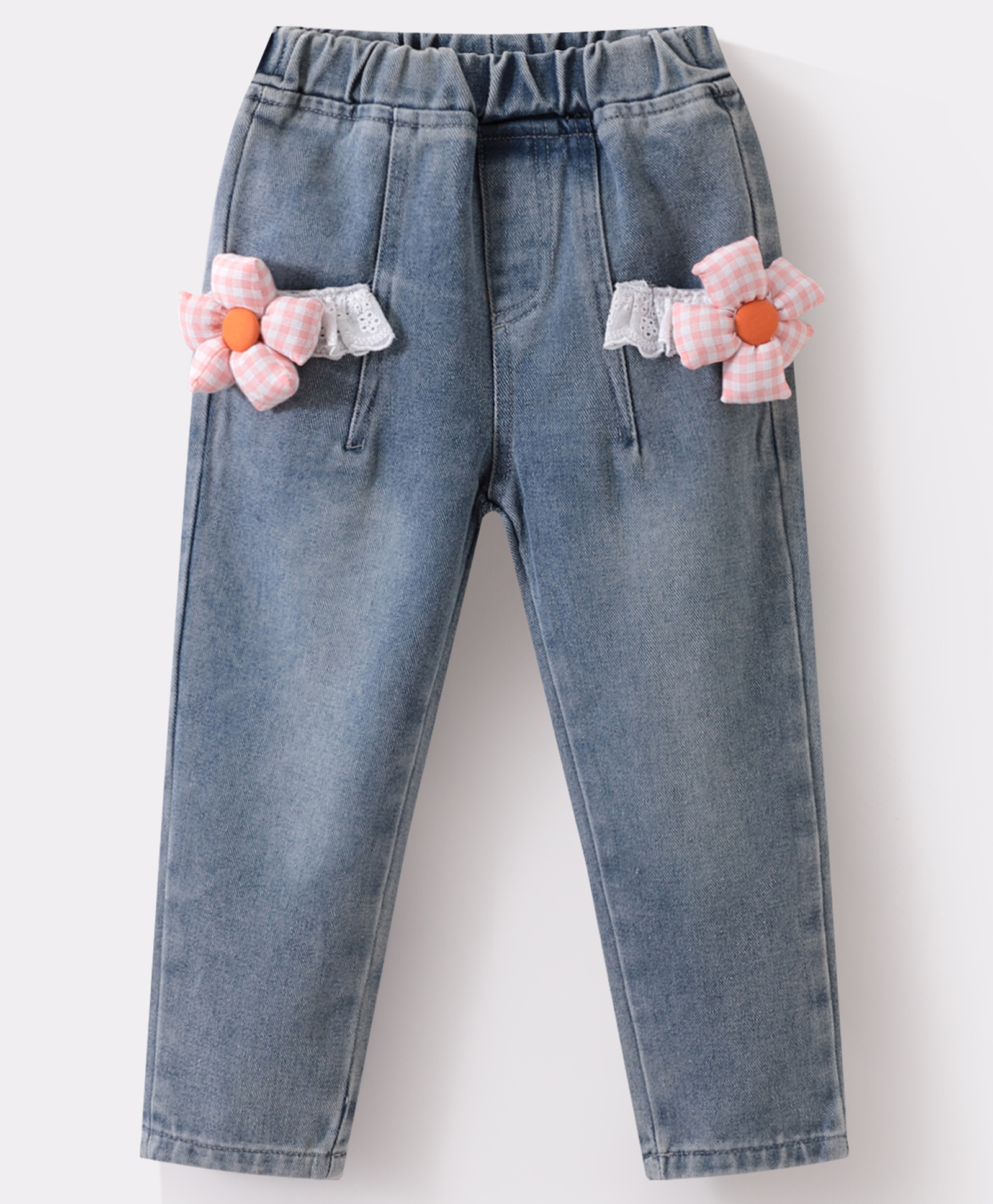 Kookie Kids Full Length Denim Jeans With Floral Applique - Grey-picture-18