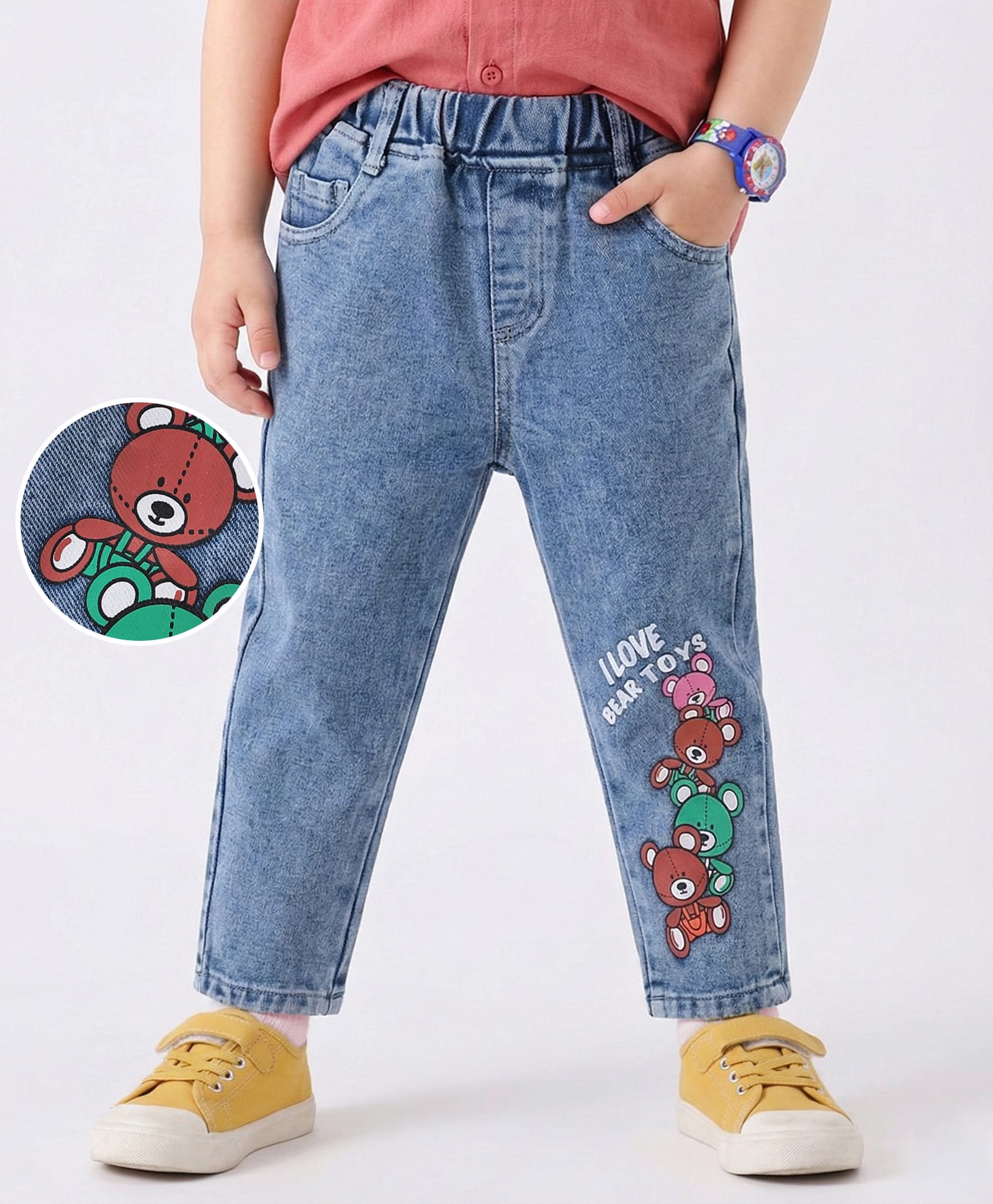 Kookie Kids Full Length Denim Jeans With Bear Print - Blue-picture-18